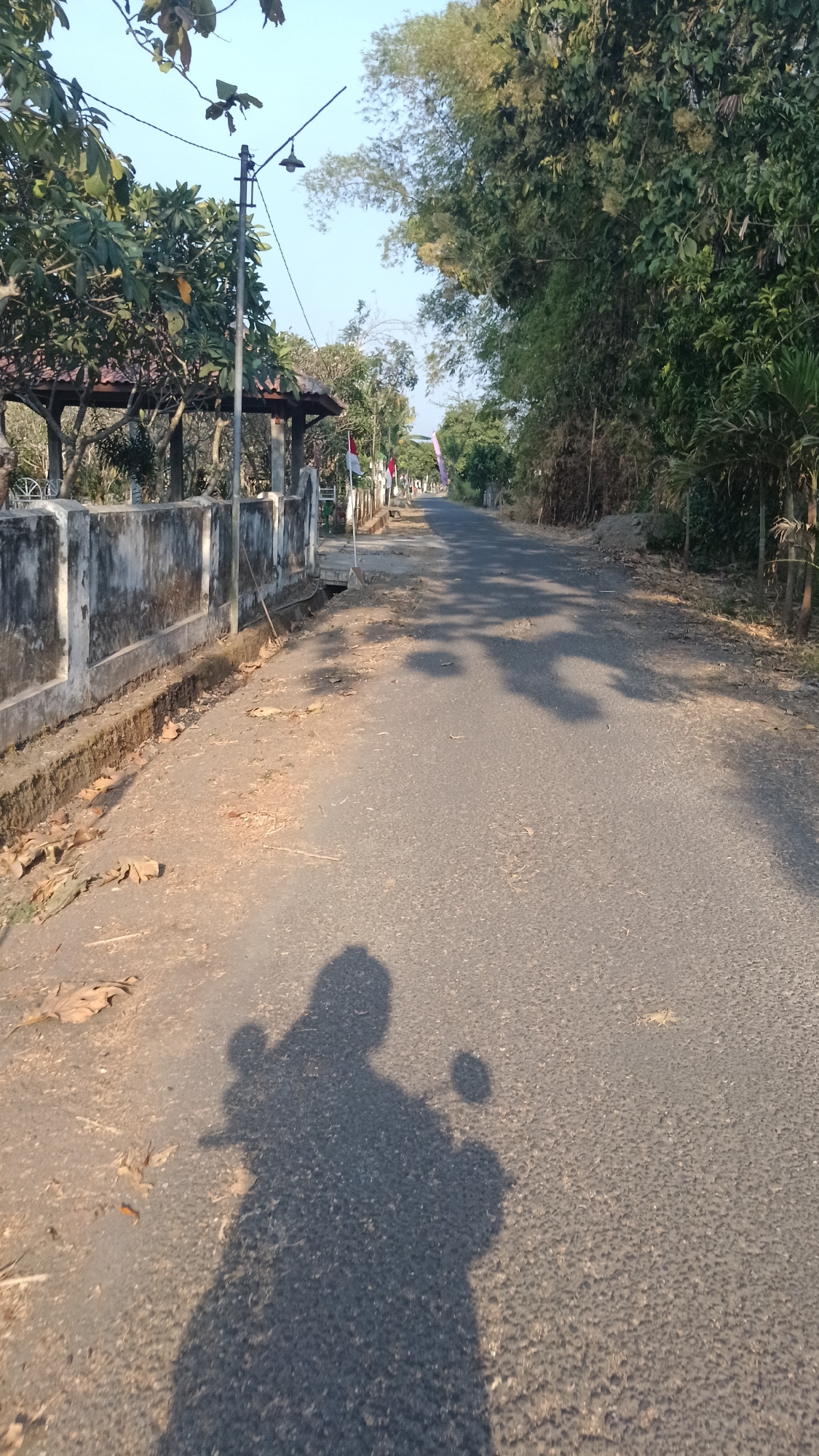 The image depicts a paved road winding through a rural landscape in Slumbung, Indonesia. On the left side of the road is a low concrete wall, partially overgrown with vegetation, bordering what appears to be a roadside structure with a brown tiled roof. Beyond the wall, trees with lush green foliage line the path, and a street lamp extends from a pole. Several Indonesian flags are visible along the roadside in the distance. On the right side of the road, dense trees and bamboo create a natural border. The road surface is asphalt, with some dry leaves scattered on it. In the foreground, the distinct shadow of a person on a motorcycle is cast across the road, indicating the photographer's perspective. The sky is clear and blue, suggesting a sunny day, possibly in the late afternoon due to the long shadows.