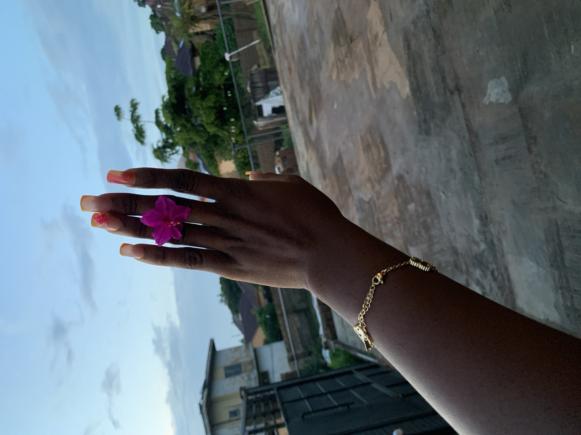 A close-up shot captures a person's left arm and hand against a backdrop of a cloudy sky and residential buildings. The hand, adorned with a bright pink flower placed on the ring finger, features long, artificial nails with an orange and clear gradient design. A delicate gold bracelet with a clasp is visible on the wrist. The environment appears to be an outdoor space, possibly a balcony or rooftop, with a concrete floor and a glimpse of a metal gate and fence. In the distance, houses and lush green trees are visible, suggesting a suburban or urban setting.
