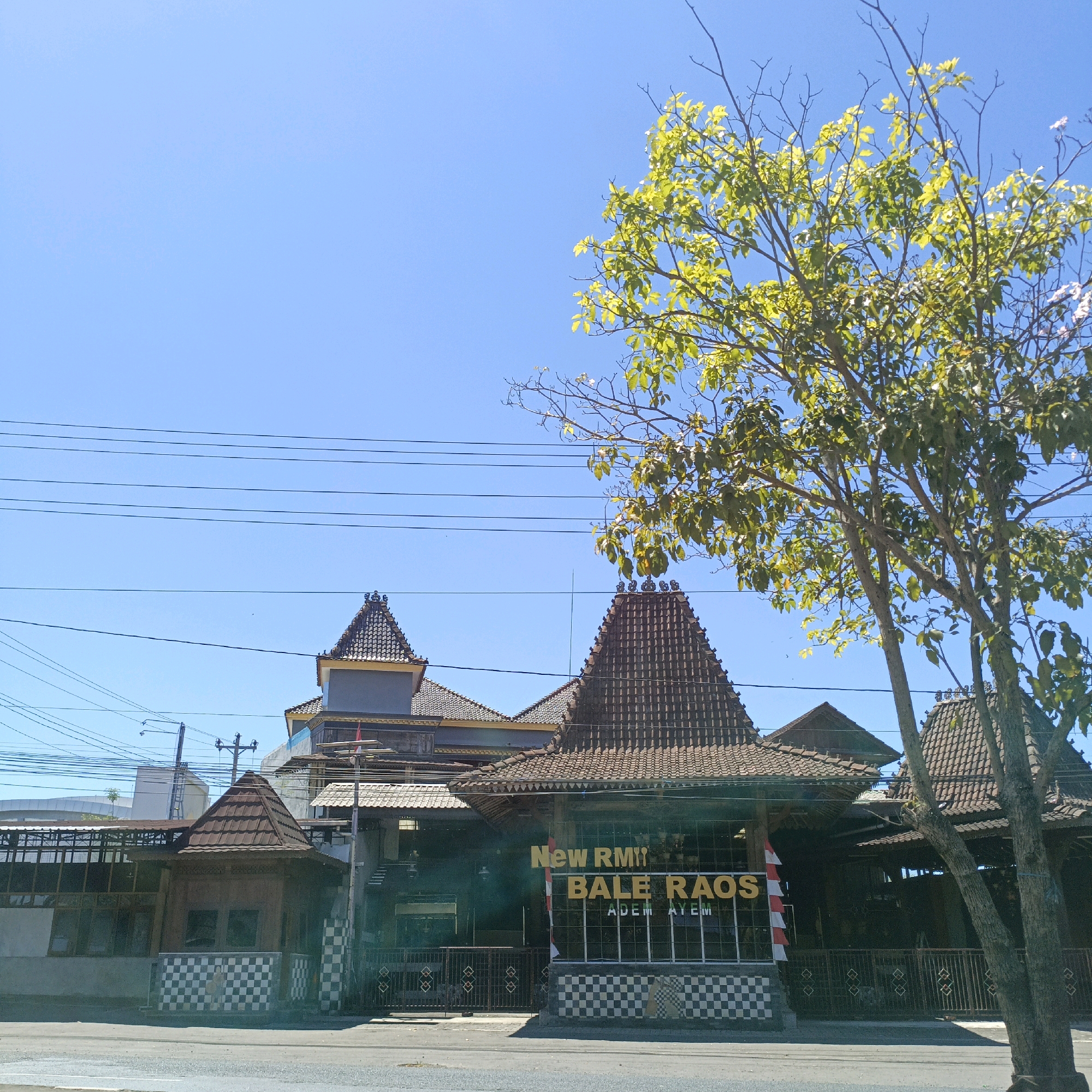 The image shows a street view of "New RM BALE RAOS ADEM AYEM" in Salatiga, Indonesia. The building features traditional Javanese architecture with multi-tiered roofs covered in clay tiles and ornate finials. The facade displays the restaurant's name in large yellow lettering. The building is partially obscured by a large tree with green leaves in the foreground. Overhead power lines are visible against a clear blue sky. The street in front of the building is paved, and there is a sidewalk with a black and white checkered pattern. The overall scene suggests a sunny day.