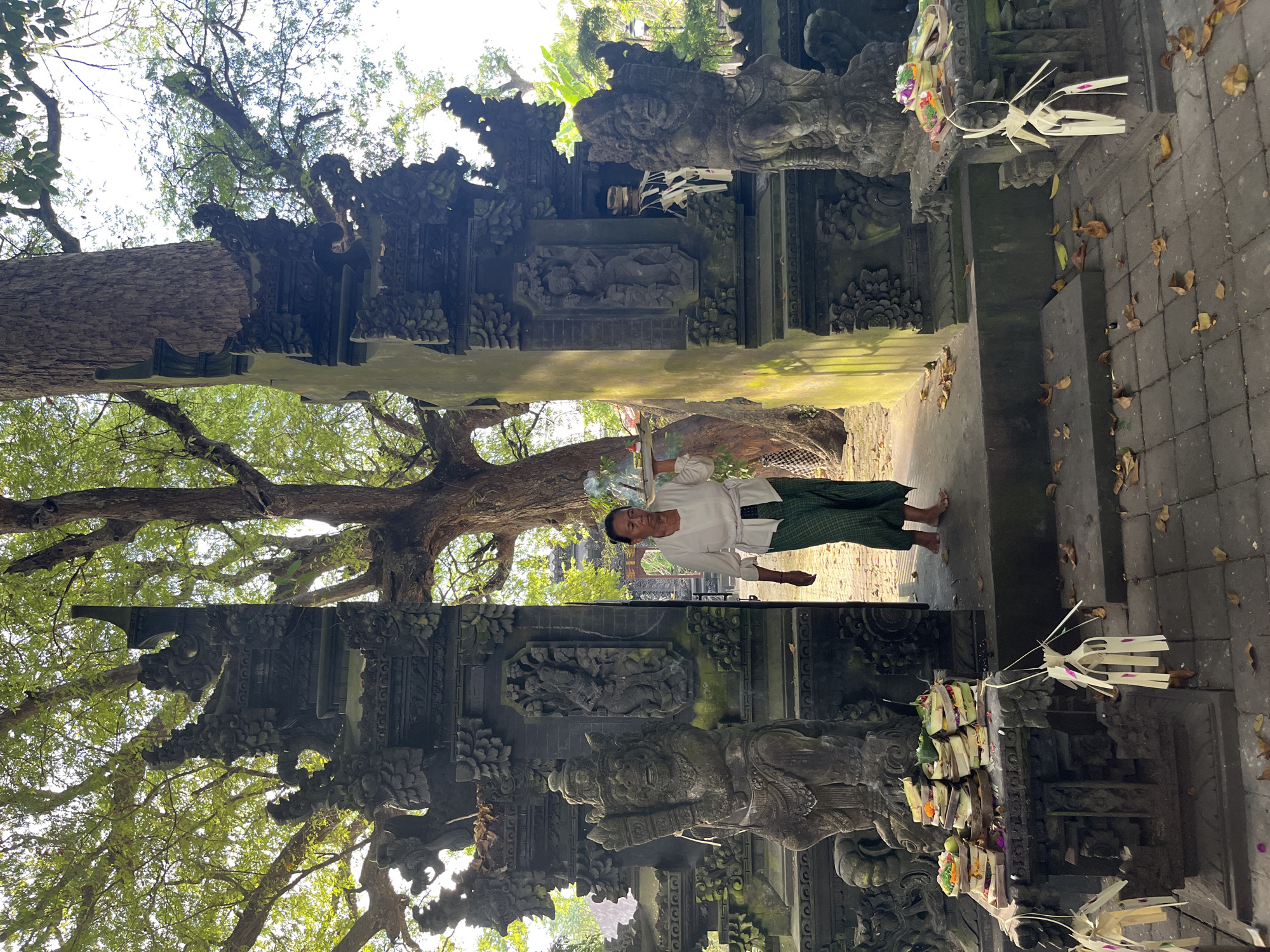 An exterior medium shot captures a woman walking through an ornately carved stone gateway in Kuta Selatan, Indonesia. The gateway is flanked by two large stone statues. The woman, dressed in a white top and a green patterned skirt, carries a tray laden with offerings. She is walking towards the viewer. In the foreground, on the left side, there are several stacked offerings on a stone pedestal, adorned with white and purple decorative elements. On the right side, another stone pedestal holds similar offerings. The ground is paved with grey tiles, with fallen leaves scattered across it. Behind the gateway, a large tree with lush green foliage dominates the background, with the bright sky visible through the branches. The scene is illuminated by natural sunlight, creating a slightly hazy atmosphere.