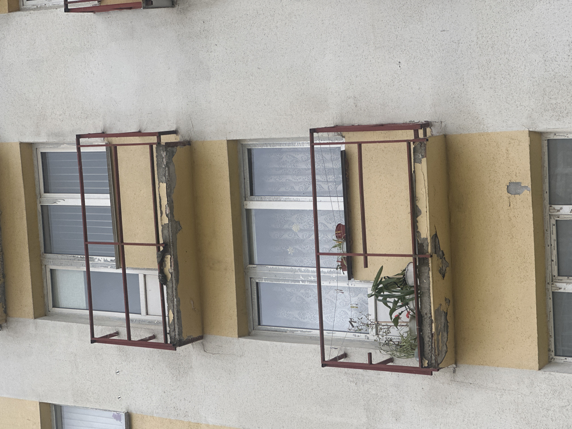 A facade of a weathered building, featuring several windows, is depicted in this image. The building has a two-tone color scheme, with the lower half painted in a yellow hue and the upper half in a light gray tone. The paint is peeling and crumbling in several areas, exposing the underlying structure. Two of the windows are fitted with dark red metal frames, likely serving as plant holders or security bars. The windows themselves have different types of blinds or curtains, with one having horizontal slats and the other with a patterned design. Green plants are visible within the metal frame of one window. The overall impression is one of urban decay or neglect. The location is listed as the city of Unknown, Unknown.