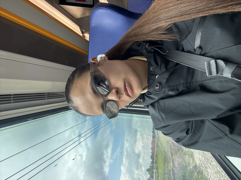 A young adult female is depicted in a close-up, front-facing perspective, seated within a train carriage. She wears opaque, greyish wraparound sunglasses, through which a smartphone held by a hand is reflected. A white earbud is visible in her right ear. Her long, straight brown hair is pulled back, forming a ponytail resting over her right shoulder. She is dressed in a black, collared jacket with snap fasteners and drawstrings, over a light-colored undergarment visible at the neck. A grey strap, consistent with a shoulder bag, diagonally crosses her upper torso. Her expression is neutral with slightly parted lips. To her right, a blue upholstered train seat back is visible. To her left, a large window reveals a cloudy sky with horizontal power lines, and a green, undeveloped landscape featuring a concrete barrier or embankment, indicative of a moving train. The scene is a train journey in the region of Lecce, Italy.