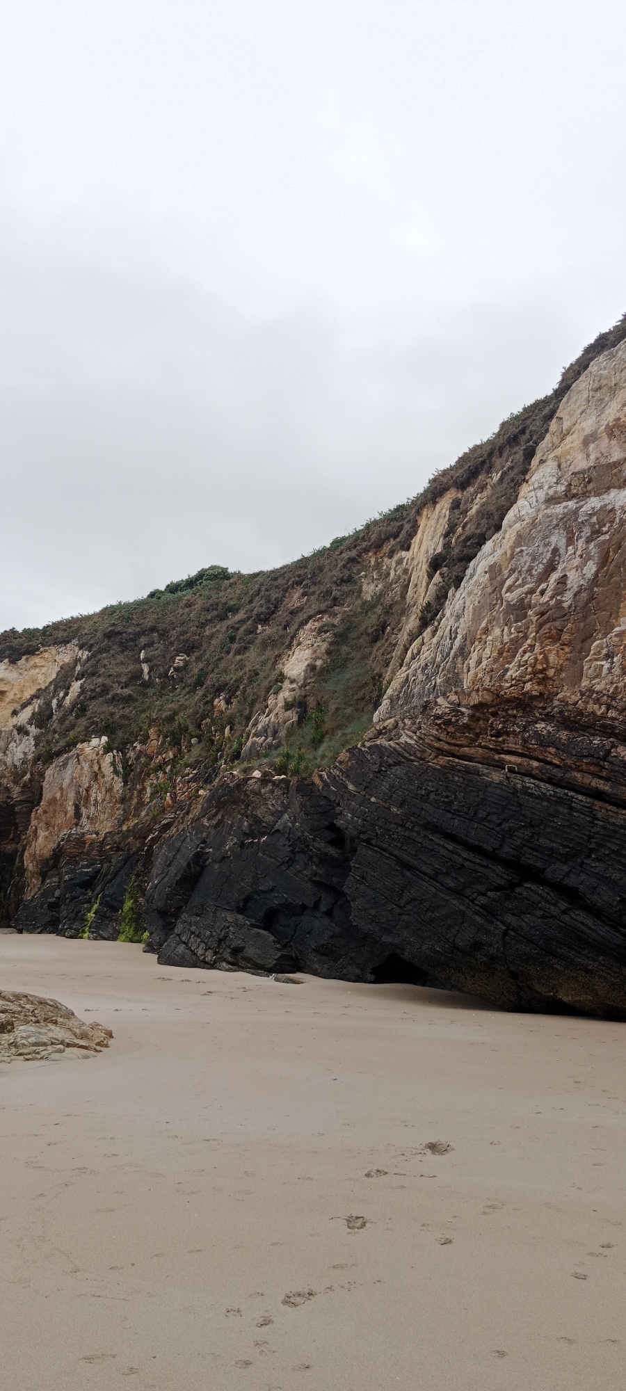 The image depicts a rocky coastline on a cloudy day. The foreground is a sandy beach with footprints leading away from the viewer. In the midground, a dark, layered rock formation juts out from the cliff face. The cliff itself is composed of stratified rock in shades of tan, brown, and grey, covered in sparse vegetation. The upper portion of the cliff slopes upwards and is densely covered with low-lying greenery. The sky is overcast and grey. The scene appears to be located in a natural coastal environment, possibly a beach or cove, in an unspecified location in Spain.
