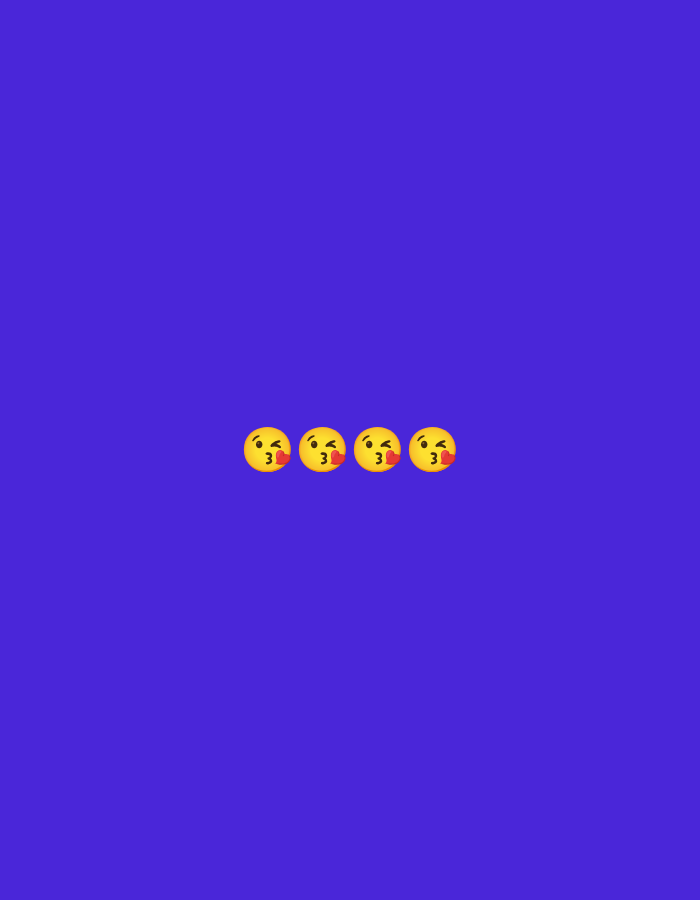 Four yellow emojis with puckered lips and closed eyes are horizontally aligned in the center of a solid royal blue background. The emojis are identical and appear to be blowing kisses. The image is not located in Jombor, Indonesia, as there are no identifiable landmarks or contextual clues to suggest a specific geographical location. The scene is devoid of any environmental or human elements.