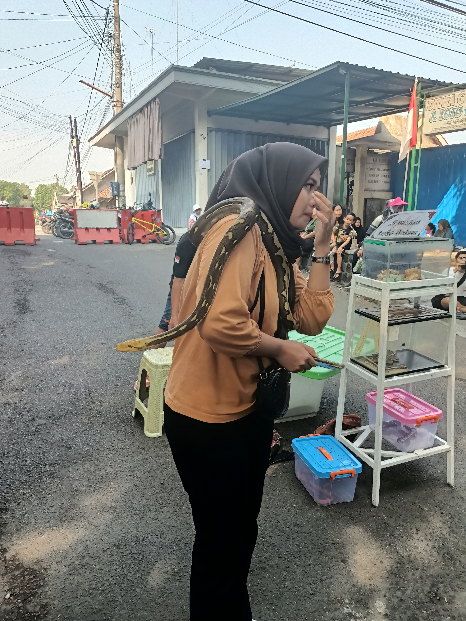 A woman wearing a grey hijab and an orange long-sleeved shirt stands on a street in Pare, Indonesia, with a python draped around her shoulders. She is looking to the right, with her right hand near her face. The street is paved and appears to be an outdoor market or event. In the background, there are buildings, other people, motorcycles, and red barricades. To the right of the woman, a white shelving unit holds several clear plastic containers, some of which appear to contain animals. Two plastic storage bins, one blue and one pink, are on the ground near the shelving unit. The sky is clear and bright.