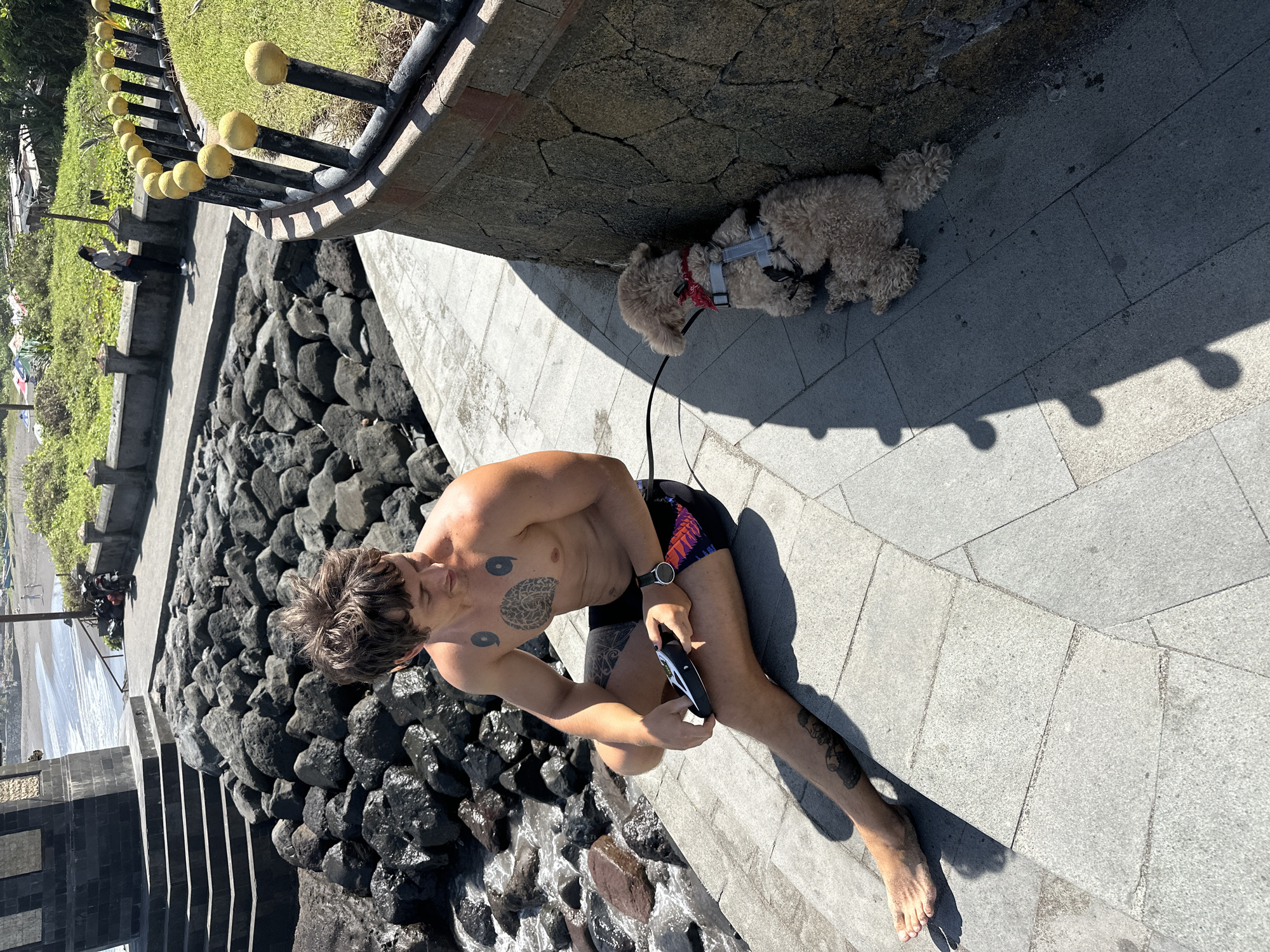 The image depicts a sunny outdoor scene in Mengwi, Indonesia, featuring a man and a dog in a coastal setting. A shirtless, light-skinned male with dark hair and multiple tattoos on his chest, shoulders, and left leg is seated barefoot on a light grey paved step. He wears black swim trunks with a colorful, geometric pattern on the right leg and a dark wristwatch on his left wrist. In his hands, he holds a black and white electronic device, looking down at it.
To his right, a small, light brown or beige curly-haired dog, appearing to be a poodle or poodle mix, lies on the grey paved ground, leaning against a stone wall. The dog wears a red collar and a grey harness, and a dark leash extends from its harness towards the man, indicating it is tethered to him. Strong sunlight casts distinct shadows of the man, the dog, and a nearby fence onto the pavement.
The immediate environment includes the paved steps and walkway, a dark stone wall to the right, and a metal fence with regularly spaced yellow spherical finials. Beyond the fence is a patch of green grass. To the left of the man are numerous large, dark, wet rocks at the edge of the ocean or sea, where small waves are visible. In the mid-ground, a dark, multi-tiered stone structure rises on the left, possibly a temple gate or monument.
Further in the background, a dark sandy or volcanic beach stretches along the coastline with gentle waves. Several distant figures are visible on the beach. On an elevated path to the right, a person in a light top and dark pants walks away from the viewer. Beyond the beach and paths, there is a lush green landscape with some scattered buildings and what appears to be a motorbike parked near a railing. The overall impression is one of a warm, bright day by the sea.
