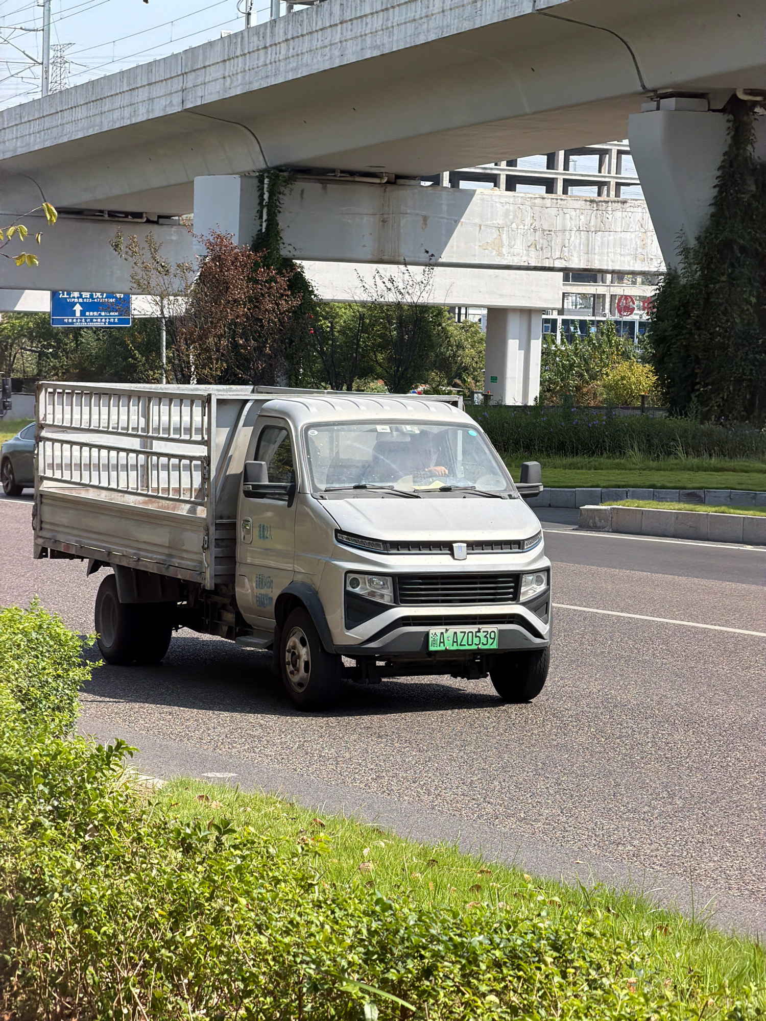 A silver, flatbed truck with a metal cage is driving on a paved road under an elevated overpass in Jiangjin, China. The truck has a green license plate that reads "渝A AZ0539". The driver is visible inside the cab. The surrounding environment includes green grass, bushes, trees, and a large concrete overpass structure. In the background, there are buildings and electrical infrastructure. A blue directional sign with Chinese characters is visible on the left, indicating "Jiangjin District Service Area" and "VIP Line: 023-47273766".