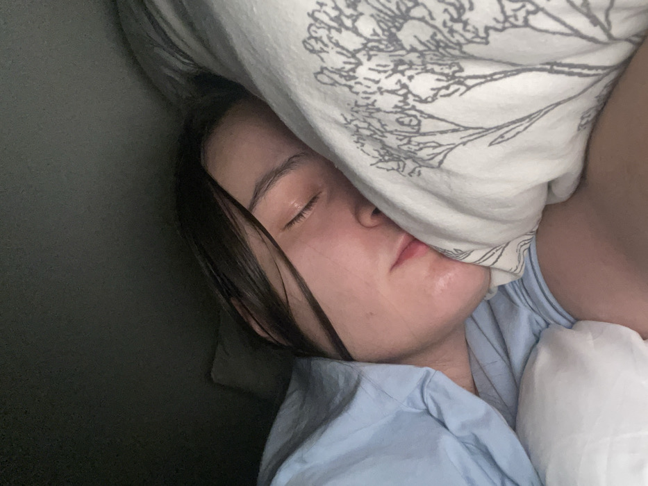 A forensic examination of the image reveals an individual, appearing to be a young adult female, sleeping or resting in an indoor environment, likely a bedroom, located in the city of имени Воровского, Russia. The subject is positioned on her right side, with her face partially obscured by a light-colored pillow featuring a grey illustrative pattern resembling bare tree branches. Her eyes are closed. She has dark hair, partially covering her forehead and temple. The subject is wearing a light blue garment, likely a t-shirt or sleepwear, and is partially covered by a light blue sheet or blanket. A white sheet or blanket is visible in the lower left foreground. The background behind the subject's head is dark and undifferentiated, suggesting low ambient light. No other individuals or distinguishing objects are visible.