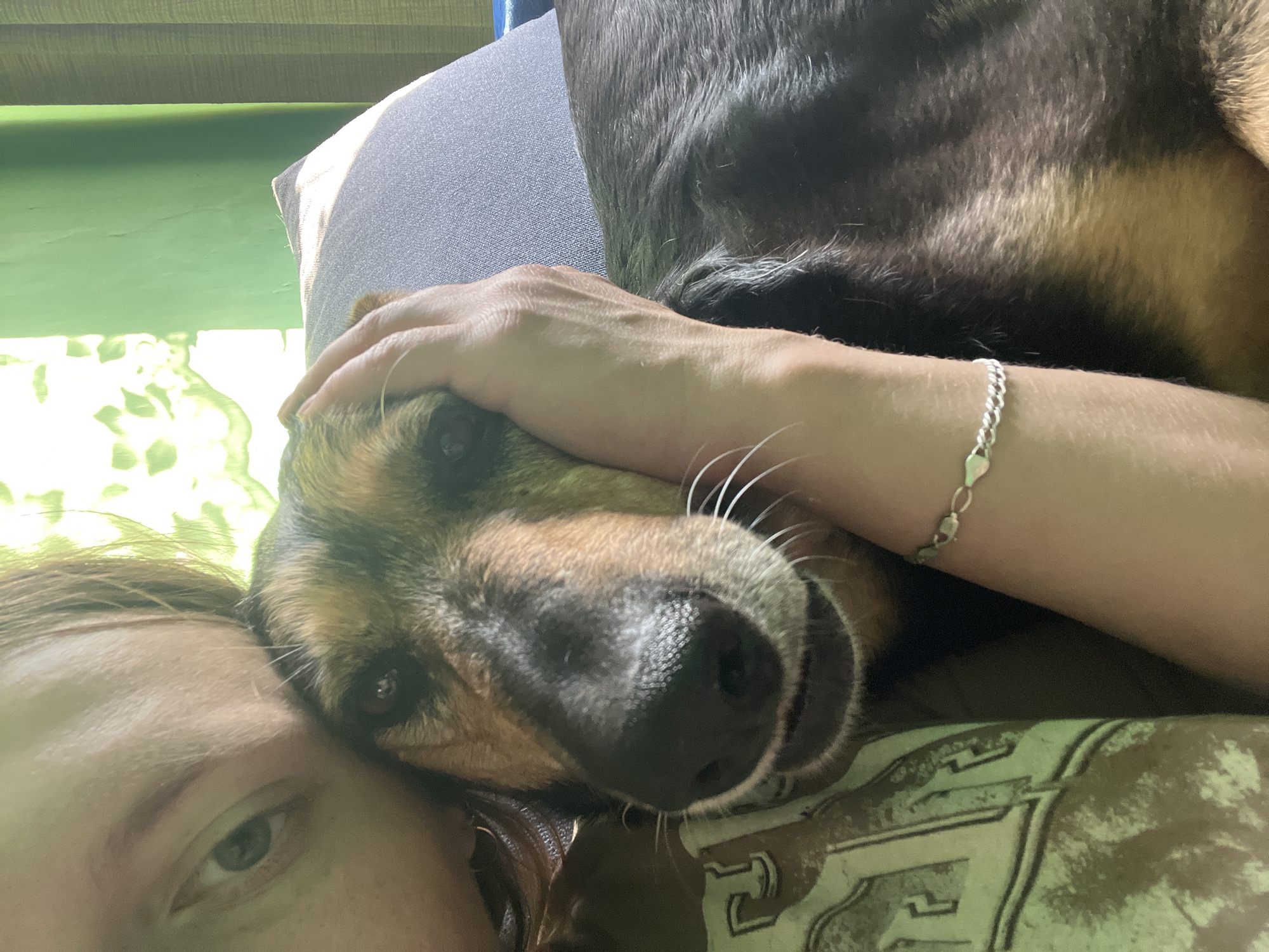 A close-up selfie photograph depicts a person with fair skin and a green eye lying down next to a dog. The dog has brown and tan fur with a black nose. A hand with a silver heart bracelet rests on the dog's head. The background is blurry but shows a green wall and a gray pillow. The person is wearing a t-shirt. The location is not discernible from the image.