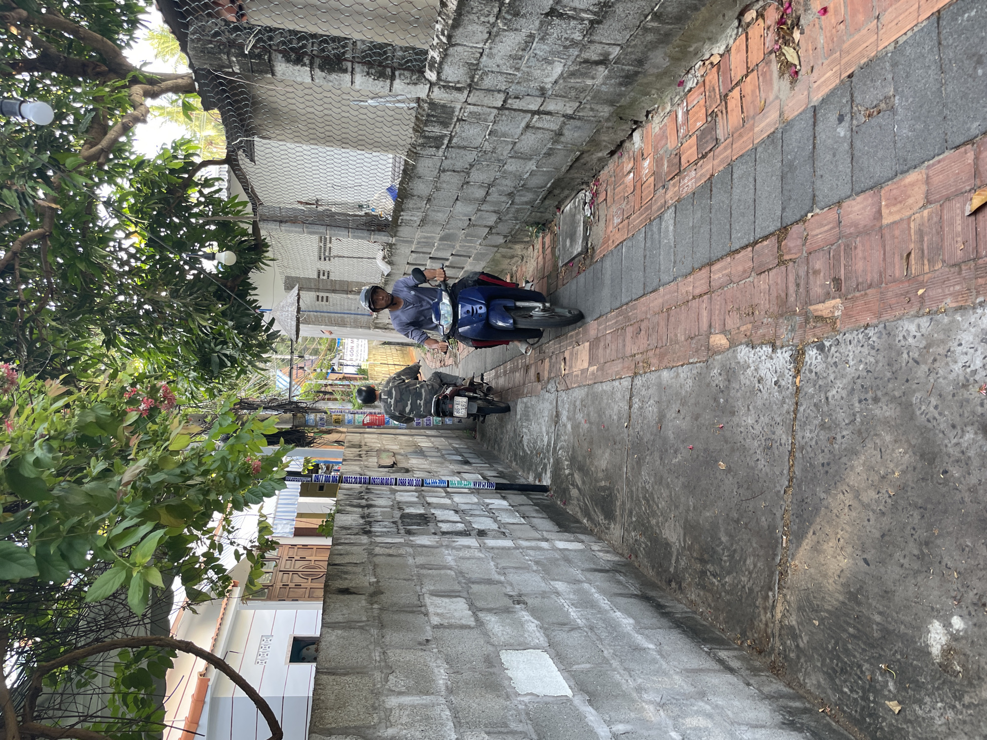 The image depicts a narrow street in Phu Thuy Ward, Vietnam, characterized by a high concrete wall on the left and a chain-link fence atop a lower concrete wall on the right, separating properties. Overhead, a tree with lush green leaves and some pink flowers provides partial shade. Two individuals are seen riding motorbikes down the paved pathway, which is a mix of concrete and brick.
The first motorbike, closer to the viewer, is a blue scooter ridden by a person wearing a grey long-sleeved shirt and red pants, with a black helmet. The second motorbike, further down the alley, is a darker colored scooter ridden by someone in a camouflage patterned shirt and a helmet, their back is to the camera. The pathway is lined with buildings, one of which is a white structure with a tiled roof and wooden doors visible on the left. The overall atmosphere suggests a residential or commercial alleyway in a Southeast Asian city.