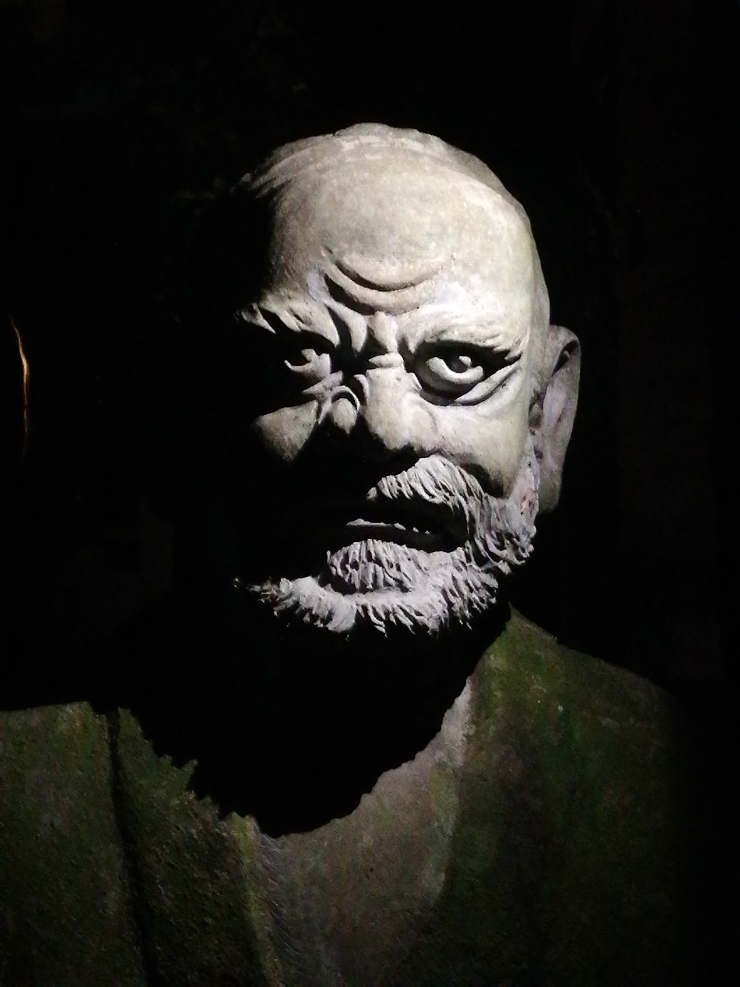 A close-up, low-key photograph features a statue of a bald, bearded man, dramatically illuminated against a pitch-black background. The statue, likely crafted from light-colored stone or concrete, dominates the frame, with only its upper torso and head visible.
The man's face is sculpted with an intense, stern, or angry expression. His forehead is deeply furrowed, and his eyes appear to gaze directly forward, conveying a powerful and determined demeanor. A prominent, textured beard and mustache frame his mouth, sculpted with visible strands that add to the realistic, albeit exaggerated, portrayal. His ears are also distinctly carved.
The lighting is stark and directional, originating from the front and slightly above, creating strong highlights on the elevated features of the face and casting deep shadows in the crevices of his wrinkles and beneath his beard. This high-contrast lighting emphasizes the statue's robust features and textured surface.
Below the head, the statue's shoulders and what appears to be part of a robe or garment are visible, rendered in darker tones, possibly with greenish or mossy stains, suggesting age or outdoor exposure, though the immediate background is devoid of detail.
The overall impression is one of ancient wisdom combined with fierce guardianship. Given the location context of Da Lat, Vietnam, this statue could be a revered figure in a Buddhist temple or pagoda, reflecting traditional East Asian religious or mythological art. There is no visible text in the image.