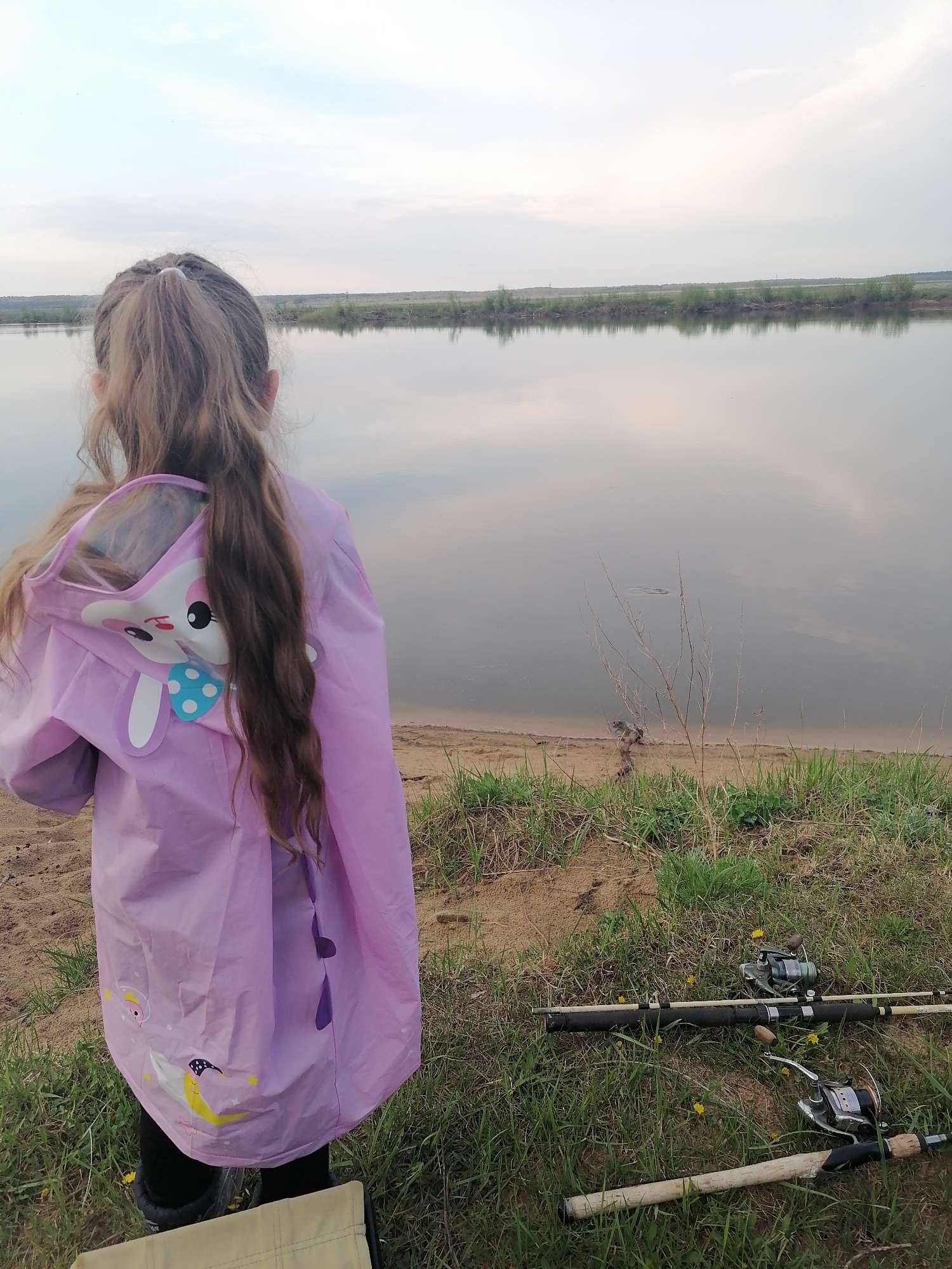 A young girl, seen from behind, stands at the edge of a calm body of water, looking out at the distant horizon. She has long, light brown hair tied in a ponytail and is wearing a light purple raincoat. The raincoat features a prominent cartoon bunny design with a blue polka-dotted bow on the back, and smaller moon and star graphics near the bottom hem. The hood has a transparent plastic section.
The water, likely a lake or wide river, is still and reflects the soft, diffused light of the sky above, suggesting it is either late afternoon or early evening. A narrow strip of sand or mud forms the immediate bank, beyond which is a grassy area with patches of bare earth. In the distance, across the water, a flat landscape with a line of small trees or bushes and some open fields is visible under a slightly overcast sky.
In the foreground, to the right of the girl, two fishing rods with reels are laid on the grassy ground, indicating a fishing activity. Small yellow flowers (possibly dandelions) are scattered in the grass. A light-colored bag or fabric item is partially visible at the bottom left corner. The overall scene conveys a tranquil outdoor setting, with the girl seemingly observing or participating in a peaceful fishing outing. No text is visible in the image.