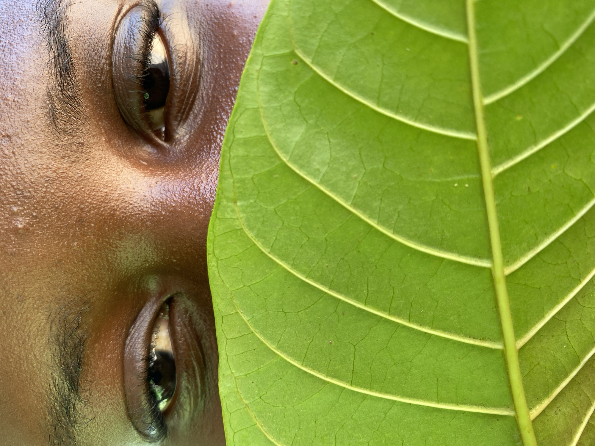 A close-up image shows the right half of a person's face, their dark brown eyes visible on the left side of the frame. A large, vibrant green leaf occupies the right half of the image, partially obscuring the person's face. The leaf's venation is clearly visible. The person's skin appears shiny and moist. The location is Hoss, Nigeria, but that does not appear in the image itself. No actions or interactions are depicted.