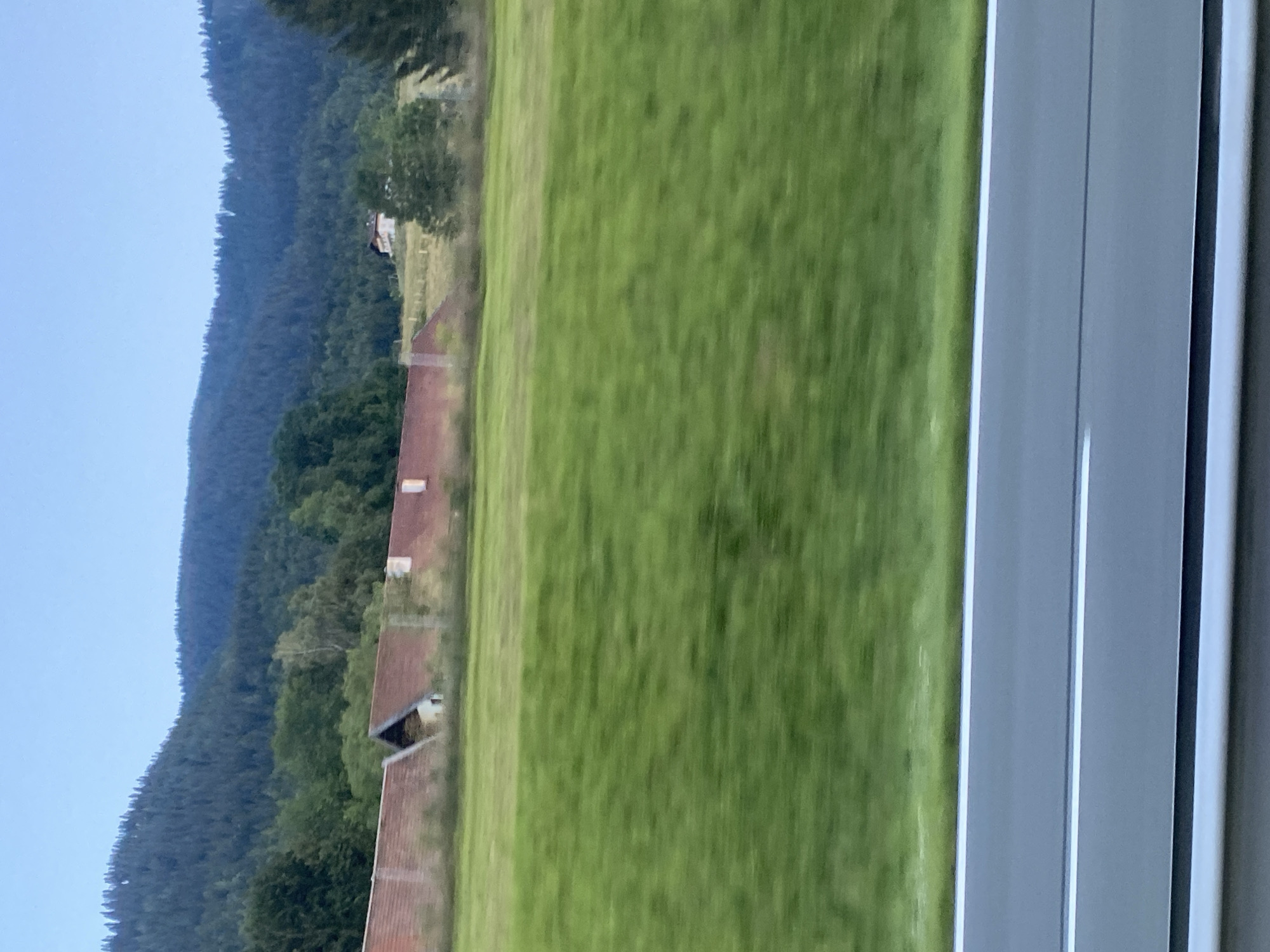 The image, captured from a moving vehicle, shows a landscape scene with a road in the foreground. Beyond the road, a large, blurry green field stretches across the frame. In the middle ground, a long, low building with a red tile roof and some visible windows is present, partially obscured by the field. Further in the background, a densely forested mountain range dominates the scene, with a small building visible on a hillside in the distance. The sky is a pale blue, suggesting either early morning or late evening. The overall impression is one of a rural setting in the outskirts of Teisendorf, Germany, with a focus on natural landscapes and distant structures.