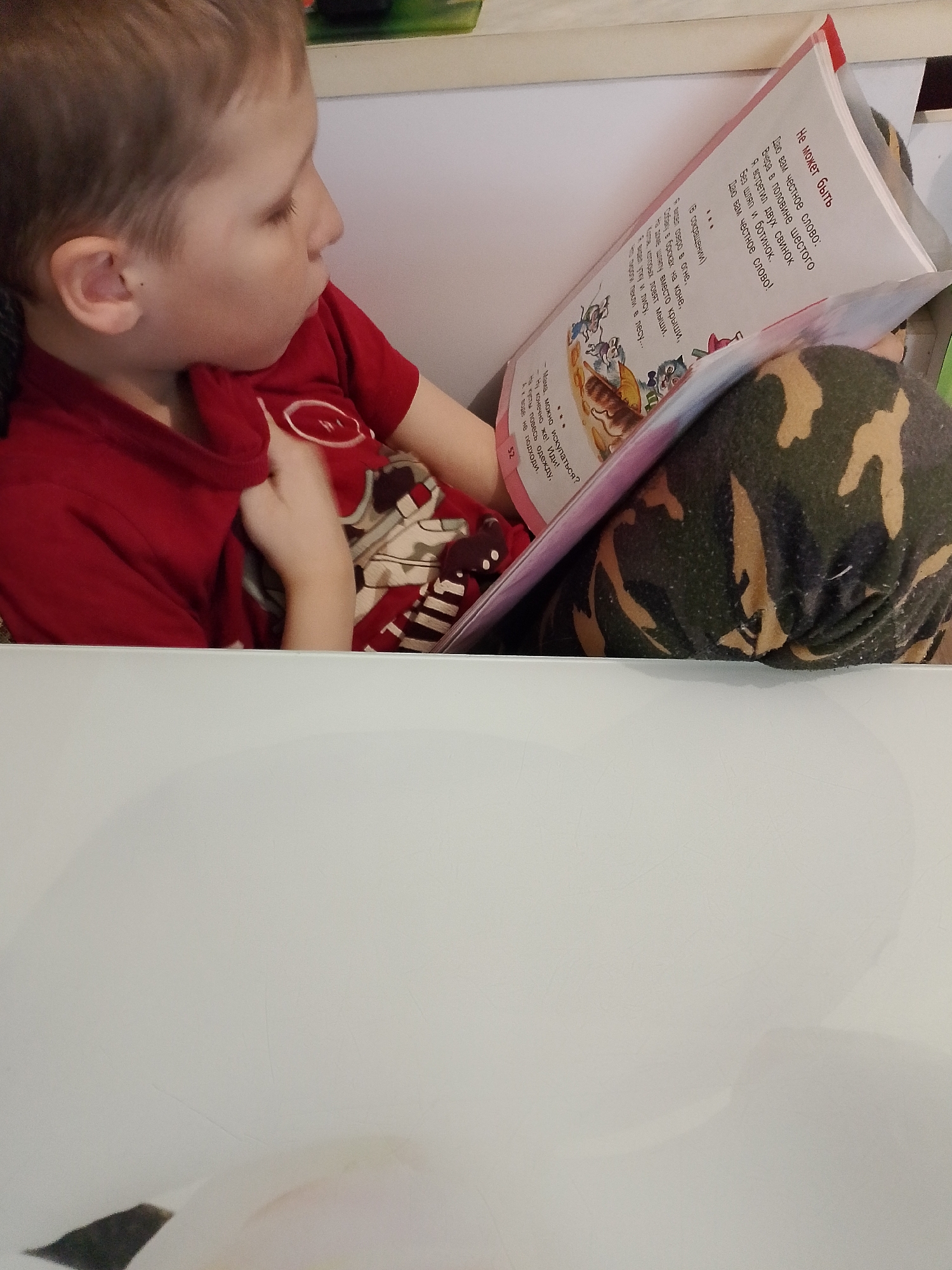 A young boy in Noviy, Russia, is captured in a close-up, focused on reading a children's book. He is seen in profile, wearing a red t-shirt and camouflage-patterned trousers, seated in what appears to be a cozy indoor setting, possibly on a sofa or bench. His expression is one of concentration as he looks at the open pages.
The book, written in Cyrillic, features colorful illustrations of anthropomorphic animals, including cats, mice, a duck, and a fox, suggesting a whimsical story. The page number "52" is visible on the bottom left.
The visible Russian text includes a section titled "Не может быть" (Impossible), which reads: "I give you my honest word: Yesterday at half past five I met two pigs Without hats and boots. I give you my honest word!" Another section, labeled "(В сокращении)" (Abbreviated), continues with surreal descriptions: "I saw a lake on fire, A dog in trousers on a horse, A hat on the house instead of a roof, Cats that are caught by mice. I saw a duck and a fox That were baking pies in the forest..." A short dialogue on the bottom left page states: "- Mom, can I swim? - Well, of course! Go! Hang your clothes on the bushes, Don't go near the water." The imagery and text indicate the boy is engaged with a playful, imaginative story.