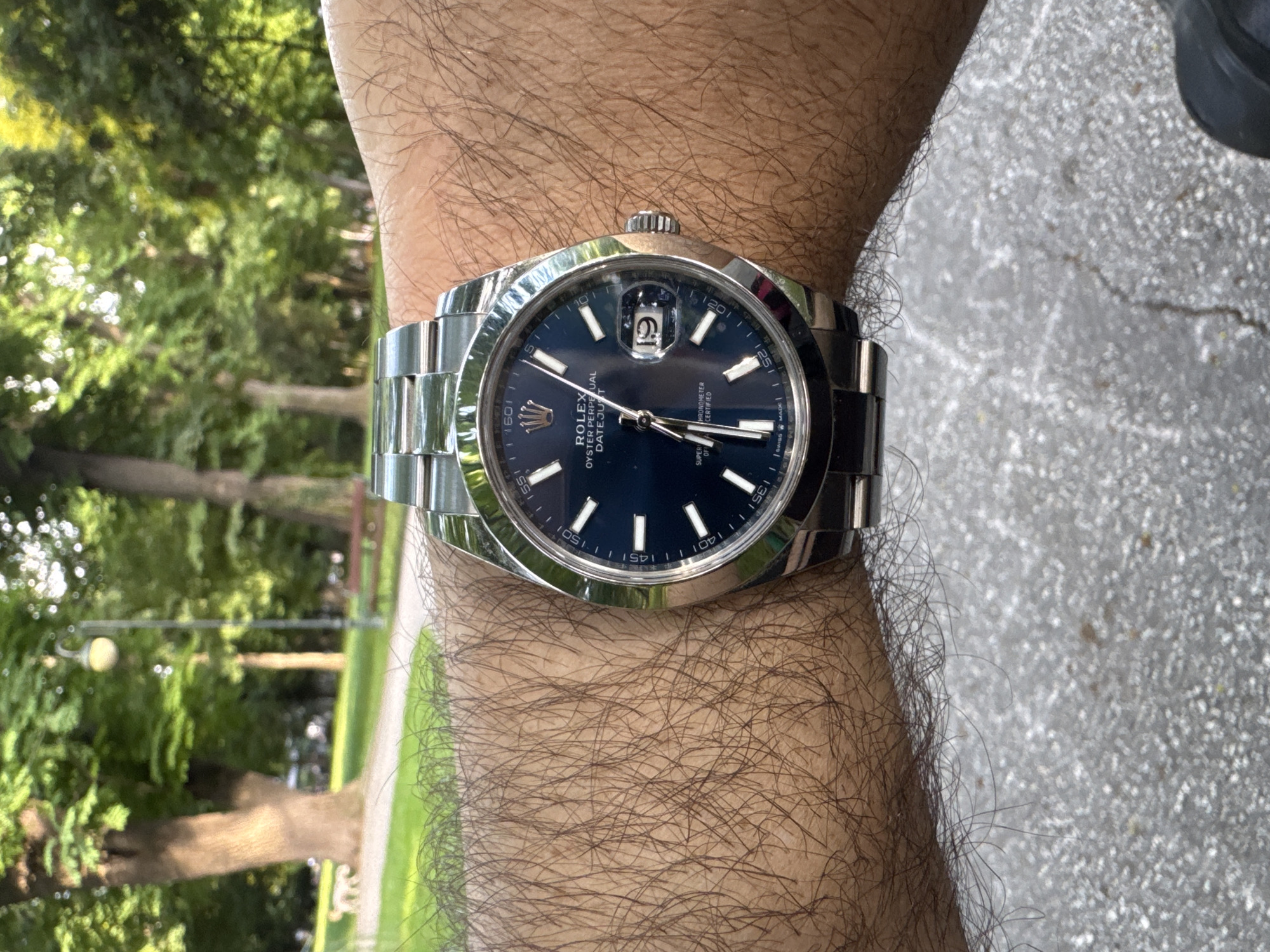 An individual's hairy arm with a Rolex Oyster Perpetual Datejust watch is prominently displayed, angled towards the viewer. The watch has a dark blue dial with white hour markers and a date window showing "19". The background is a blurred, sun-dappled park setting, featuring lush green trees and grass, a paved pathway, and park benches, suggesting an outdoor location in Plovdiv, Bulgaria. The overall impression is one of casual leisure in a city park.