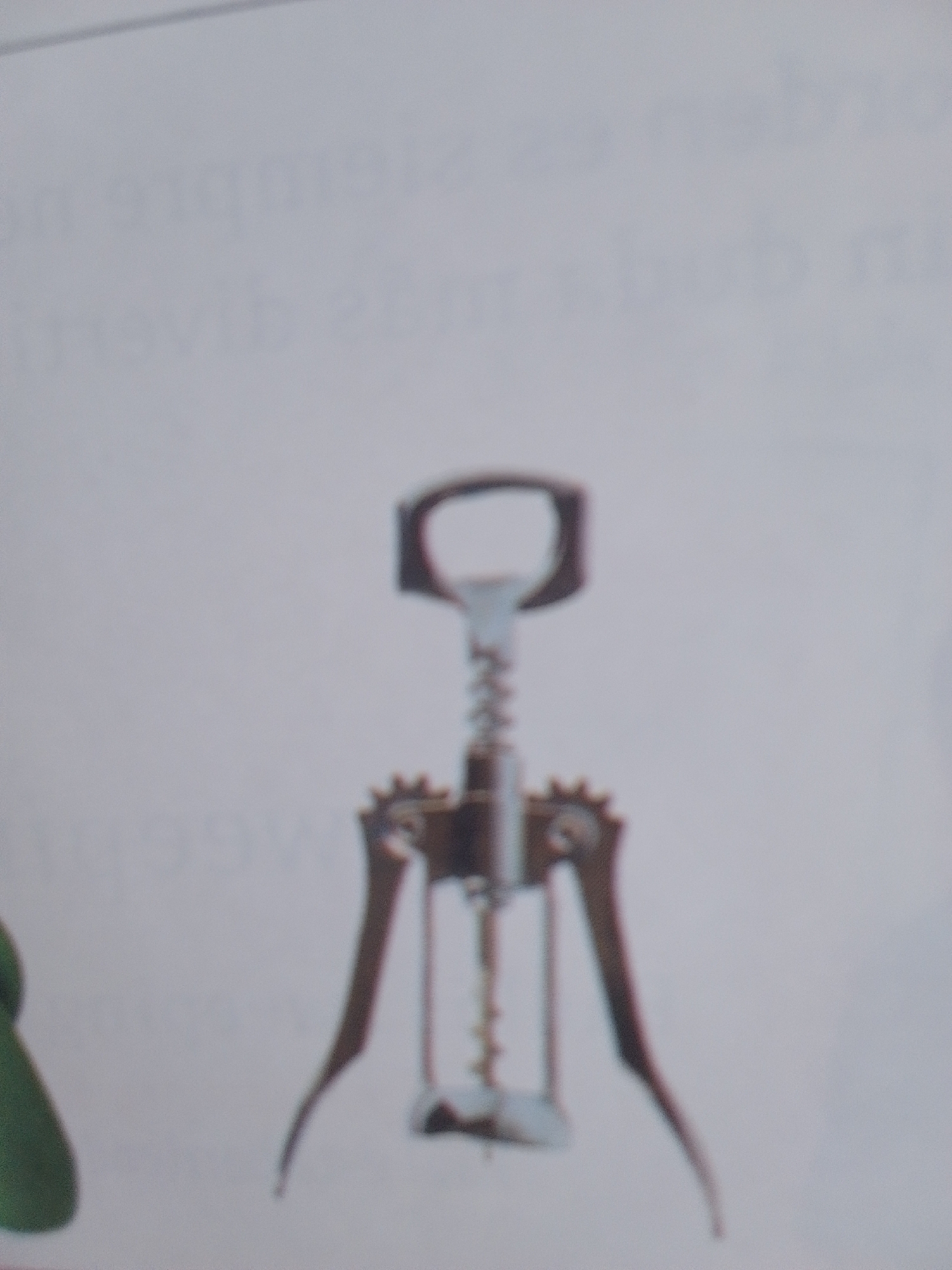 A metallic corkscrew is the central subject of this image, presented against a blurred background with faint text. The corkscrew is a T-shaped tool with a helical screw designed to extract corks from bottles. It has a silver-colored handle loop and a coiled metal shaft leading down to what appear to be two lever arms or wings, which are typically used to help apply pressure when turning the screw. The object is positioned vertically in the center of the frame, taking up a significant portion of the image.
The background is predominantly a light, neutral color, with areas of text that are too blurred to be legible. This text suggests the image might be part of a document or a printed page. There is also a hint of a green, organic shape on the left side of the frame, possibly a plant or a part of another object, but it is out of focus and indistinct.
No people are visible in the image. The setting appears to be indoors, given the lighting and the presence of what looks like paper or a book in the background. There are no cues regarding time of day or weather. The image is still and does not depict any activity or event taking place. The overall mood is neutral and descriptive, focusing solely on the presentation of the corkscrew.