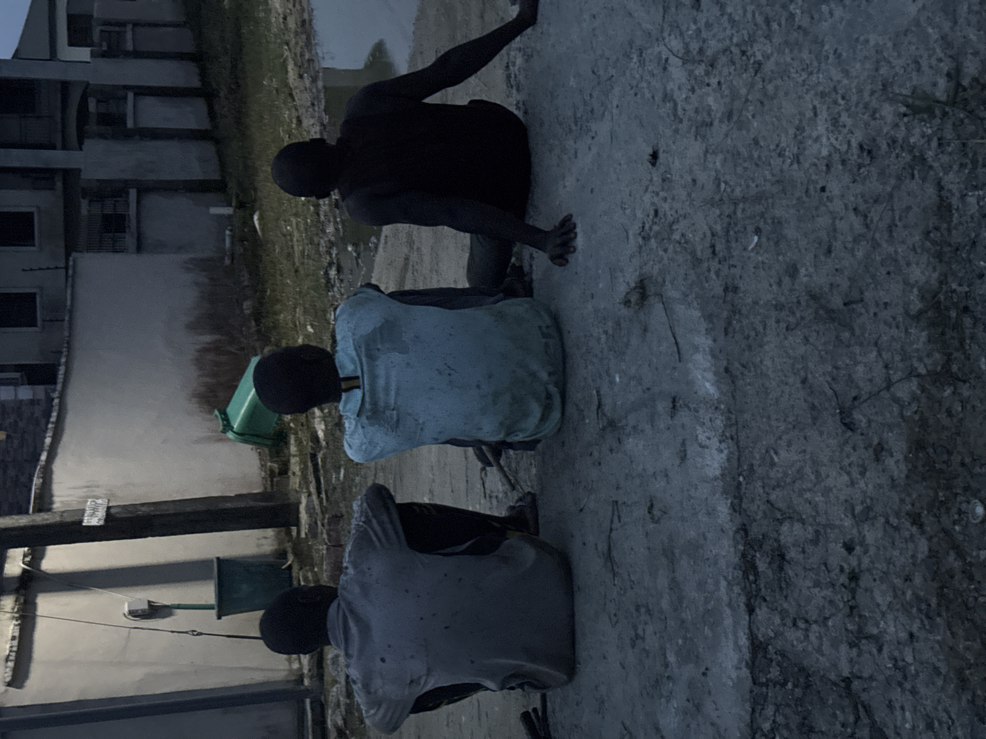 The image, taken in Iranla, Nigeria, captures three individuals, likely young males, in a crouching or squatting position outdoors, viewed from behind. The lighting is dim, characteristic of either dawn or dusk.
The person furthest to the left is clad in dark clothing that blends with their dark skin. The individual in the middle wears a light blue or greyish top, while the closest person sports a light grey or white shirt. All three are facing away from the camera, looking down towards the ground.
The setting appears to be an unpaved or partially paved area, with sections of concrete, dirt, and some debris. In the background, indistinct outlines of buildings or structures are visible, suggesting a developing or rural environment. A green plastic bucket is placed near the leftmost individual, and another green container is further back. A sturdy wooden beam extends horizontally across the mid-ground, featuring a small, unreadable white label, some wiring, and a wall-mounted electrical box. A body of water, possibly a puddle or ditch, can be seen behind the leftmost person.
The exact activity of the individuals is not discernible, but their low posture suggests they might be observing, resting, or performing a task close to the ground. No emotions are visible from their backs. The scene conveys an atmosphere of simplicity and possibly austerity in a semi-urban or rural Nigerian context.