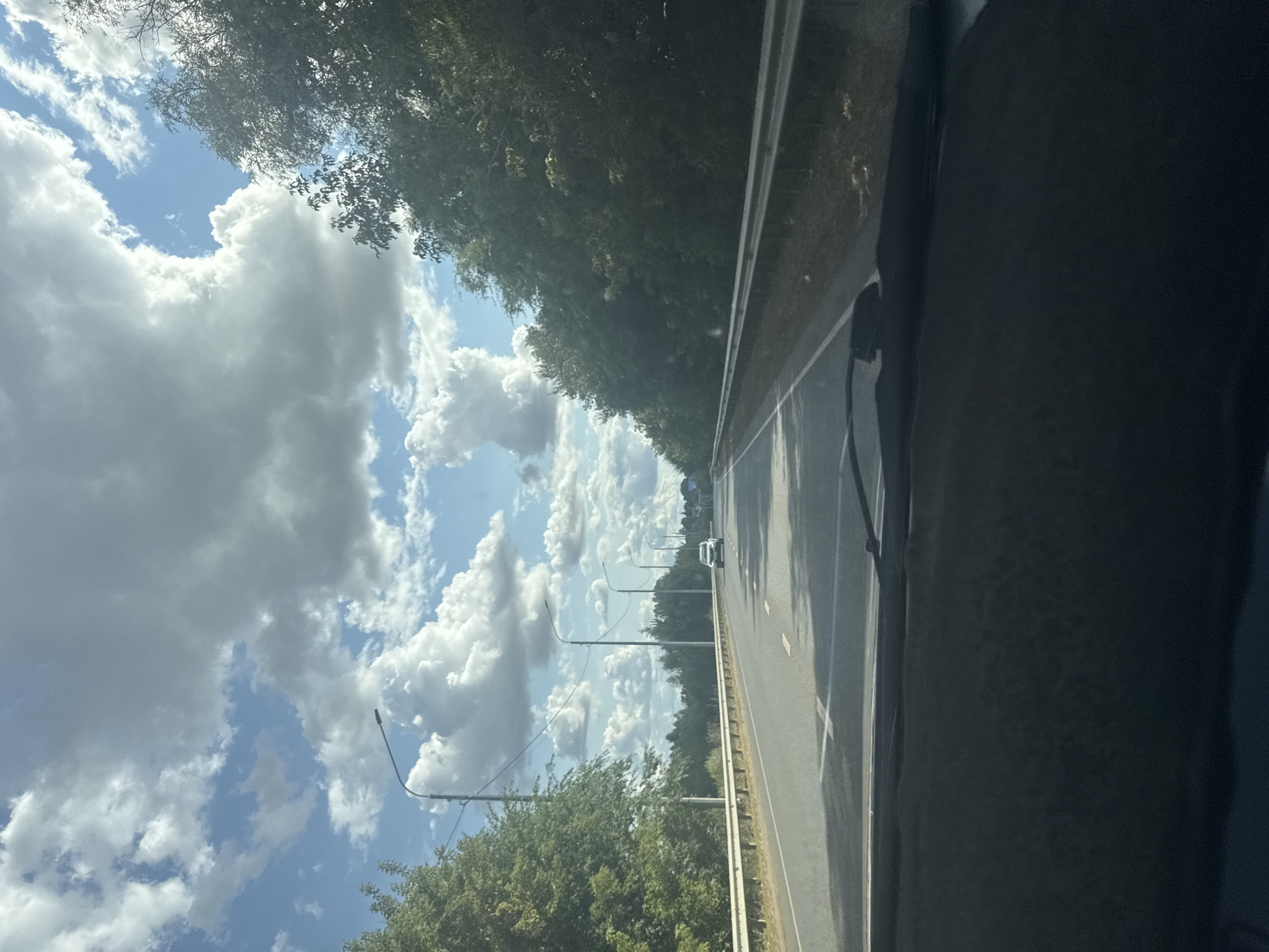 A perspective shot from the driver's seat of a vehicle shows a two-lane road with a white dividing line, stretching into the distance under a sky filled with white and gray clouds. Trees line both sides of the road, with a metal guardrail visible to the left. In the distance, a white car is driving on the right lane. Streetlights are positioned along the left side of the road, spaced at intervals. The foreground is dominated by the dark dashboard of the vehicle. This image was captured in Novosergiyevka, Russia.