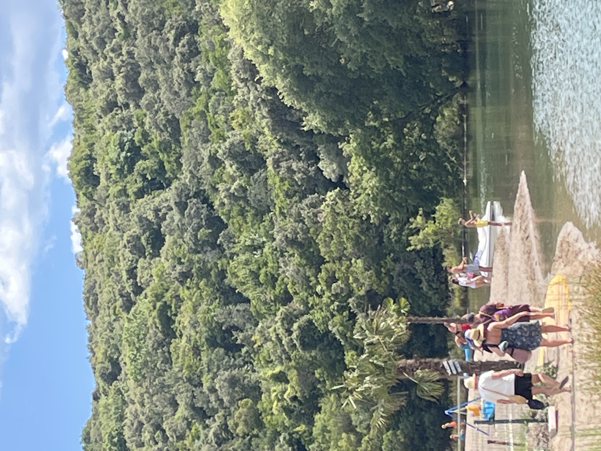 In Prijevor, Montenegro, a sunlit day unfolds by a body of water, likely a lake or calm river, bordered by a sandy shore. A lush, green hillside densely covered in trees rises behind the water, reaching towards a bright blue sky dotted with white clouds. On the sandy shore, a group of people are engaged in various activities. Some are walking along the water's edge, including a man in a white shirt and black shorts, a woman in a patterned dress, and another person in a purple top. Further down the shore, a family is visible, with a man standing near a watercraft. To the left, a child's playground structure with blue and yellow elements is set up. The water is a reflective green, with ripples indicating gentle movement. The overall scene depicts a leisurely day at a natural recreational area.