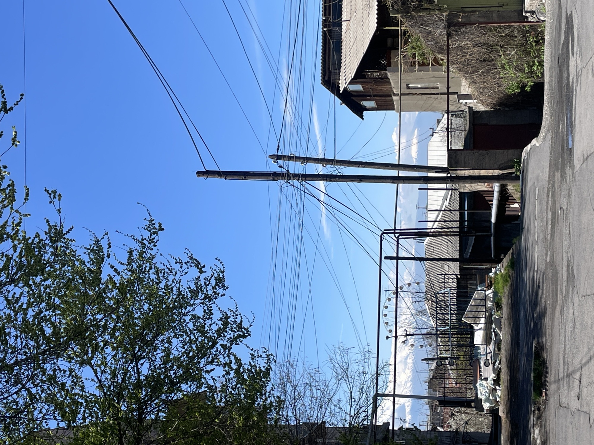 This outdoor scene captures a bright, clear day in what appears to be a residential or semi-urban area, likely in Yerevan, Armenia, given the provided context. The dominant feature of the upper frame is a vast, cloudless blue sky, save for a few faint, high-altitude contrails.
In the foreground, on the left, a vibrant green tree with fresh foliage stretches upwards, its branches reaching into the sky. Its full leaves suggest late spring or early summer.
The midground is characterized by a dense network of utility poles and overhead wires. Two prominent wooden poles stand near the center, heavily laden with numerous black cables that crisscross intricately against the blue backdrop. On the far right side, a narrow, cracked asphalt road or pathway runs vertically, showing signs of wear and some debris. Adjacent to the road and behind the utility poles, various buildings are visible. One structure on the upper right has a distinctive corrugated metal roof and wooden siding, with small windows. Other structures appear to be made of concrete, some with exposed rebar or worn surfaces, and some overgrown with dry, thorny vegetation.
In the background, past the buildings and wires, a large Ferris wheel with white gondolas is discernible, hinting at a nearby amusement park or fairground. Beyond the Ferris wheel, majestic snow-capped mountains rise under a bright sky, their peaks partially obscured by a hazy atmosphere or scattered clouds. The presence of the Ferris wheel and the mountains are strong contextual clues for the suggested location of Yerevan.
The image is devoid of people or discernible activity, presenting a quiet, everyday street view bathed in what appears to be strong morning or early afternoon sunlight. No visible text is present in the scene.