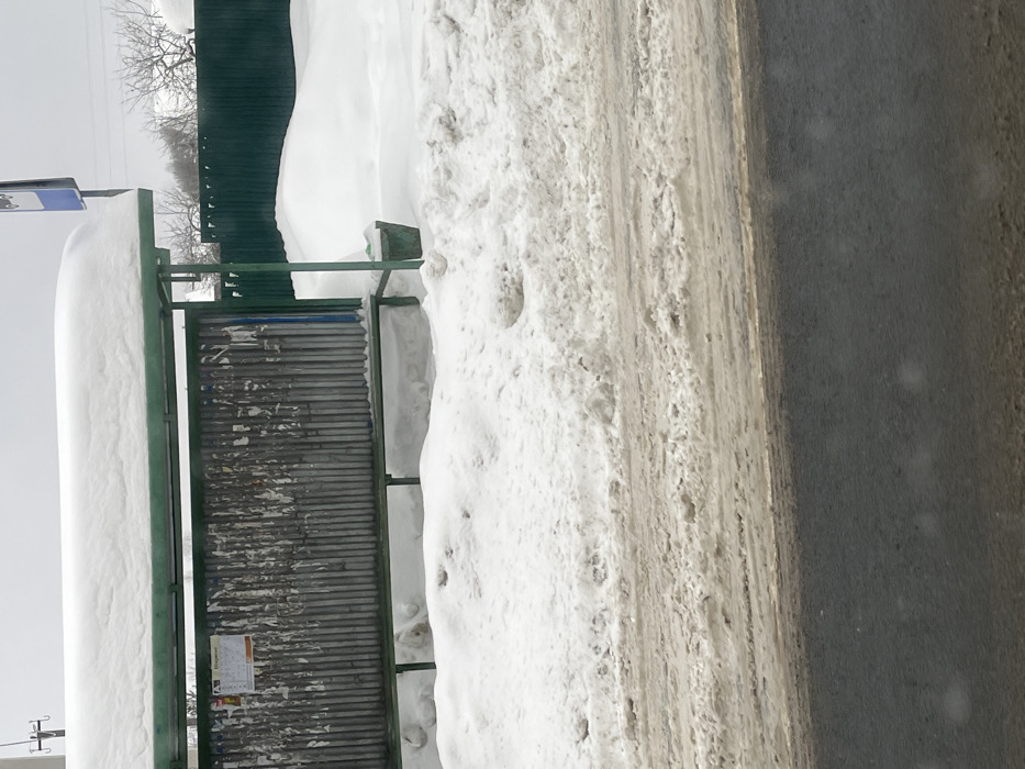 The scene depicts a snow-covered bus stop in Ширяево, Russia, under an overcast sky. The bus shelter features a green metal frame and a roof heavily laden with a thick layer of white snow. Its back wall consists of corrugated metal, visibly deteriorated with numerous layers of torn and faded posters, one of which displays "Ширяево" on a schedule-like document. A blue and white bus stop sign, displaying a bus symbol and the word 'Ширяево', is mounted above and to the right of the shelter. The ground directly in front of and inside the shelter is covered with deep snowdrifts. To the right of the bus stop, a green trash bin is partially filled with snow. The foreground shows a dark asphalt road, partially covered with dirty, slushy snow and ice, exhibiting tire tracks. Beyond the bus stop, a dark green corrugated metal fence runs horizontally, behind which more deep snowdrifts are visible, along with bare tree branches and distant residential structures. No individuals or specific activities are present in the image.