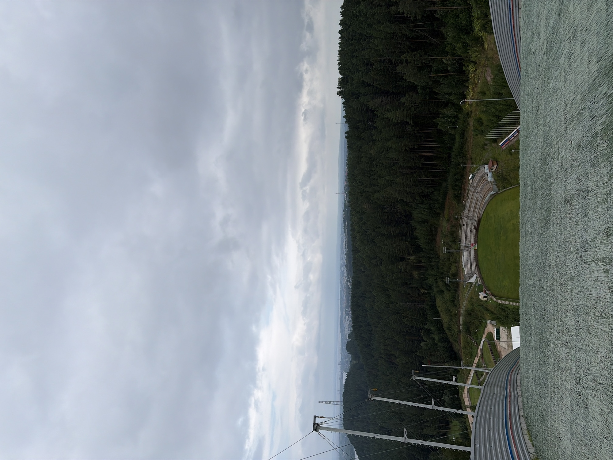 The image shows a wide, grey, cloudy sky over a vast expanse of dark green pine forest. In the foreground, the sloping landing area of a ski jump, covered in a textured green material, dominates the lower part of the frame. To the left, the skeletal structure of the ski jump tower rises, with cables and metal supports. Below the forest canopy, a stadium with tiered seating and a bright green field is visible, along with some buildings and pathways. In the distance, beyond the dense forest, a body of water can be seen, and further still, a cityscape with tall towers and buildings stretches towards the horizon. The overall impression is one of a large outdoor sporting complex nestled within a natural, forested landscape under an overcast sky.