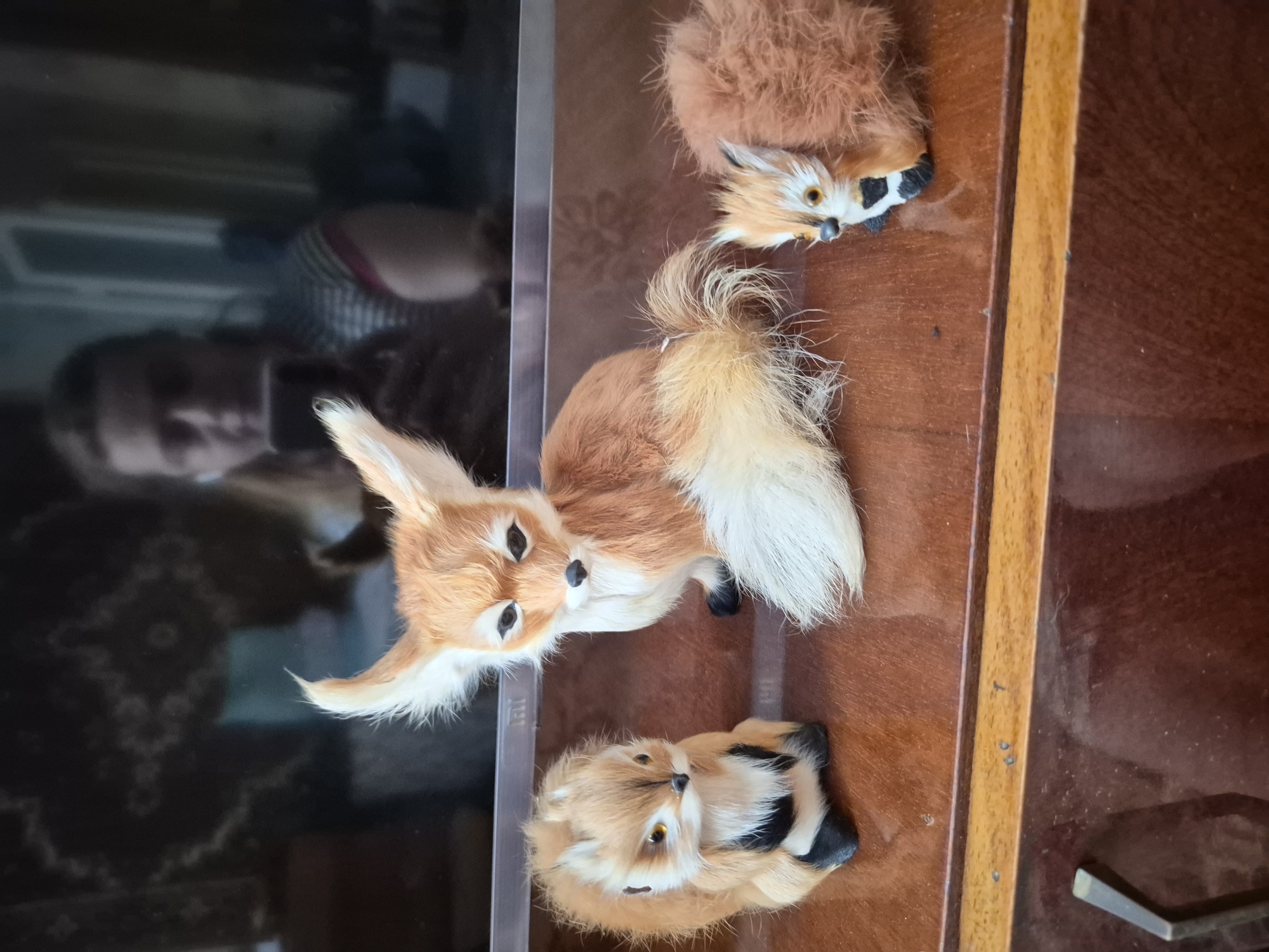 Three small, plush animal figurines are arranged on a wooden surface. From left to right, the first figurine appears to be a small, fluffy squirrel with brown fur, light brown eyes, and a black and white chest. Next to it sits a larger fennec fox figurine with large pointed ears, orange fur, and a white tail. Its eyes are black and its nose is black. The third figurine, on the far right, is a small, very fluffy fox with orange-brown fur, black paws, and white markings around its eyes and nose. The figurines are positioned in front of a dark, reflective surface, which shows a blurred reflection of a person holding a phone and looking into the camera. The wooden surface appears to be a piece of furniture with a lighter wood trim along the edge in the foreground.