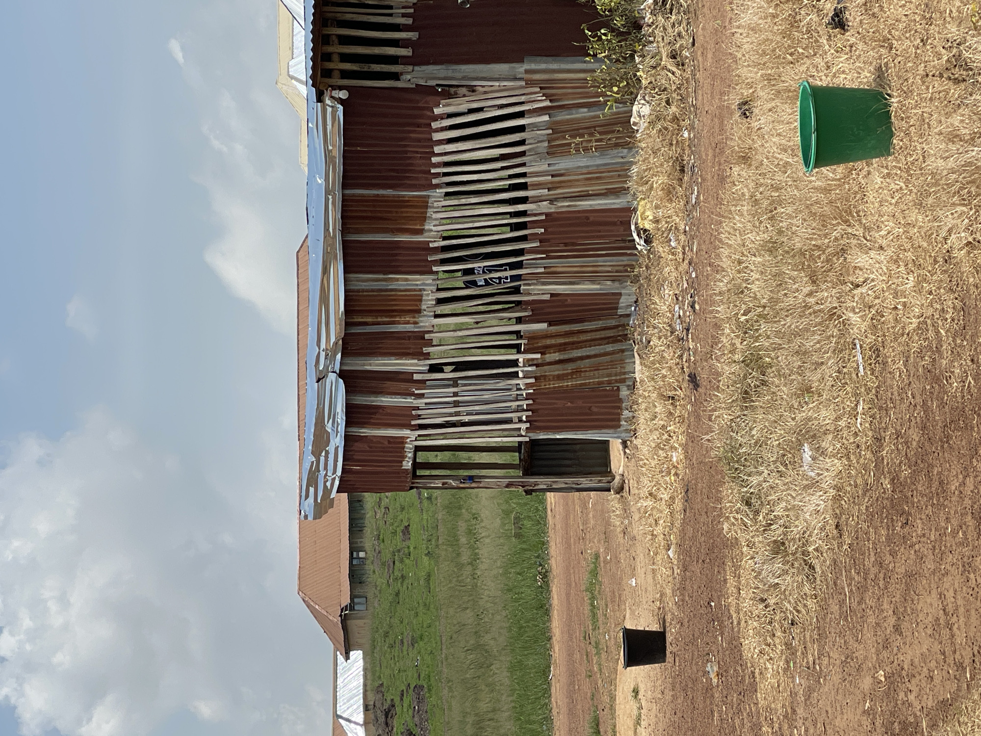 The image depicts a scene in Durumi, Nigeria, with a focus on a partially constructed or dilapidated structure made of corrugated metal and wooden planks. The building has gaps where planks are missing, revealing the dark interior. To the left of this structure, there's a glimpse of another building with a reddish-brown, tiled roof.
In the foreground and to the right of the building, the ground is covered in dry, light-brown grass and reddish-brown soil. Scattered within the grass are pieces of white trash. A bright green plastic bucket stands in the dry grass. Further to the right and slightly in the background, a black bucket is visible on the soil. The sky is partially cloudy with white clouds against a pale blue background.
The overall impression is of an outdoor, possibly rural or semi-urban environment in Nigeria. The state of the building suggests ongoing construction, disrepair, or a temporary shelter. The presence of trash and the dry vegetation might indicate a dry season or arid conditions. The lighting suggests it is daytime, but it is difficult to determine the specific time of day due to the lack of strong shadows. There is no discernible text in the image.
