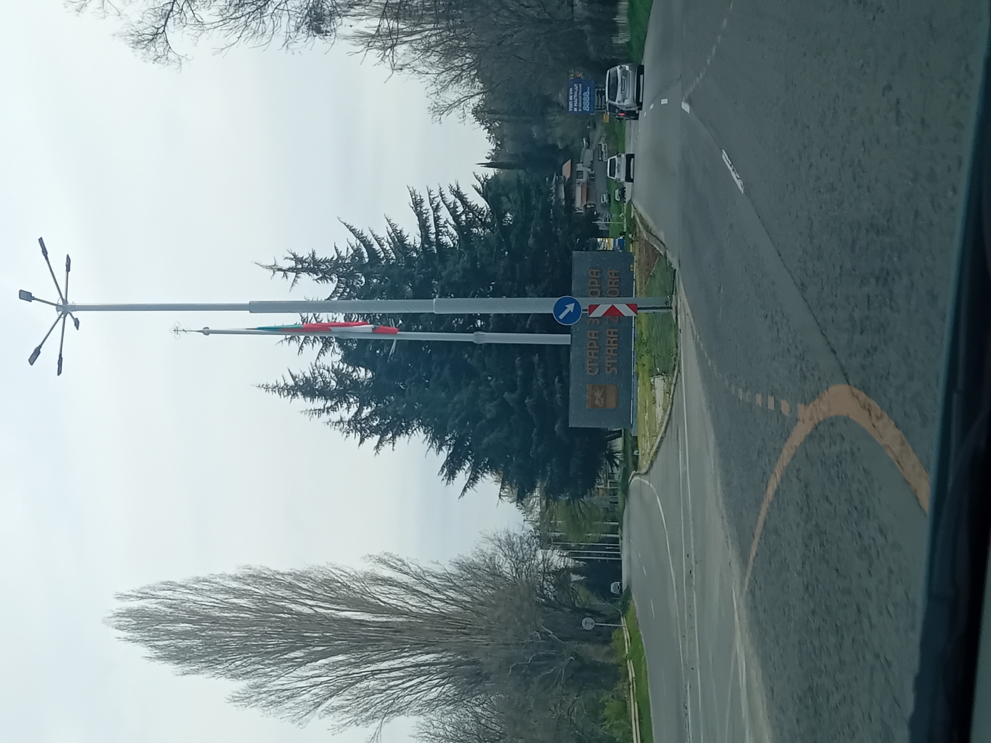 A medium shot depicts a roadside scene likely in or near a city or town. A two-lane asphalt road curves gently to the right. The right lane has a broken white line marking the center. A curved yellow line is visible on the right side of the road.
On the left side of the road, a street light pole with multiple light fixtures extends upwards. Adjacent to it are two flag poles with flags partially visible. Evergreen trees stand near the poles. In the background, a line of trees and shrubs is visible, and a white van travels along the road. Road signs with directional arrows and lettering in what appears to be Cyrillic script are also visible on the side of the road.
The weather appears overcast, with a gray sky. The overall atmosphere is neutral, and the scene is static.
