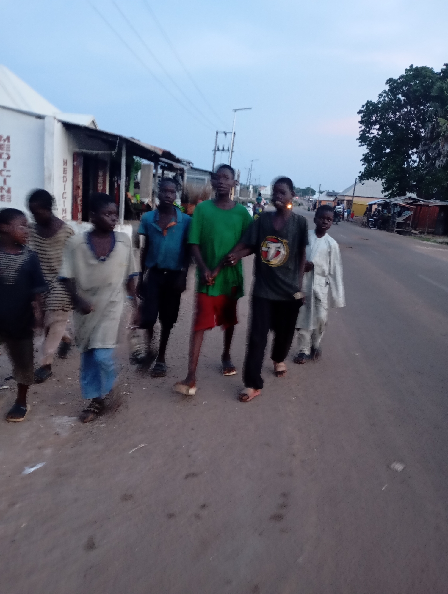 The image depicts a street scene in Shendam, Nigeria, with a group of seven young males walking along the side of a paved road. The sky is overcast with a pale blue hue, suggesting it is either early morning or late evening. The foreground is dominated by the dusty road surface, with some white debris scattered on it. On the left side of the road, there is a white building with a dark awning and vertical text that appears to read "MEDICINE" in multiple instances. Behind this building, other structures and market stalls can be seen. To the right of the road, more market stalls, some with corrugated metal roofs, line the street, and a large tree stands in the background.
The individuals in the group are diverse in their clothing. The person furthest to the left wears a dark shirt and shorts. The next individual is in a horizontally striped long-sleeved shirt and light-colored pants. The third person from the left is wearing a loose-fitting light-colored garment over blue pants. The fourth person is in a teal short-sleeved shirt and dark shorts. The fifth person is wearing a dark t-shirt with a circular logo and black pants. The sixth person is in a light-colored, traditional-style garment. The seventh person, partially obscured, appears to be wearing a green shirt and red shorts. Their postures suggest they are walking together as a group, with some looking forward and others slightly off-camera. The overall atmosphere appears to be casual and everyday.