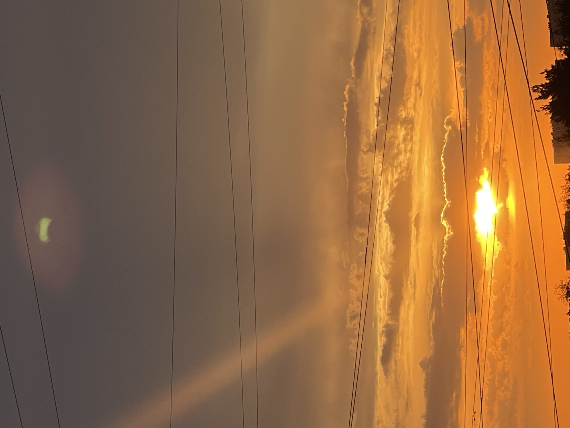 The image shows a sunset in a city. The sky is filled with vibrant orange and yellow hues, with clouds scattered across the horizon. Power lines crisscross the frame, dividing the sky into different sections. In the foreground, the silhouettes of buildings and trees are visible against the bright sky. A faint shaft of light is visible in the upper left quadrant of the sky, and a greenish halo is present in the upper portion of the image. The overall scene is one of a picturesque urban sunset.