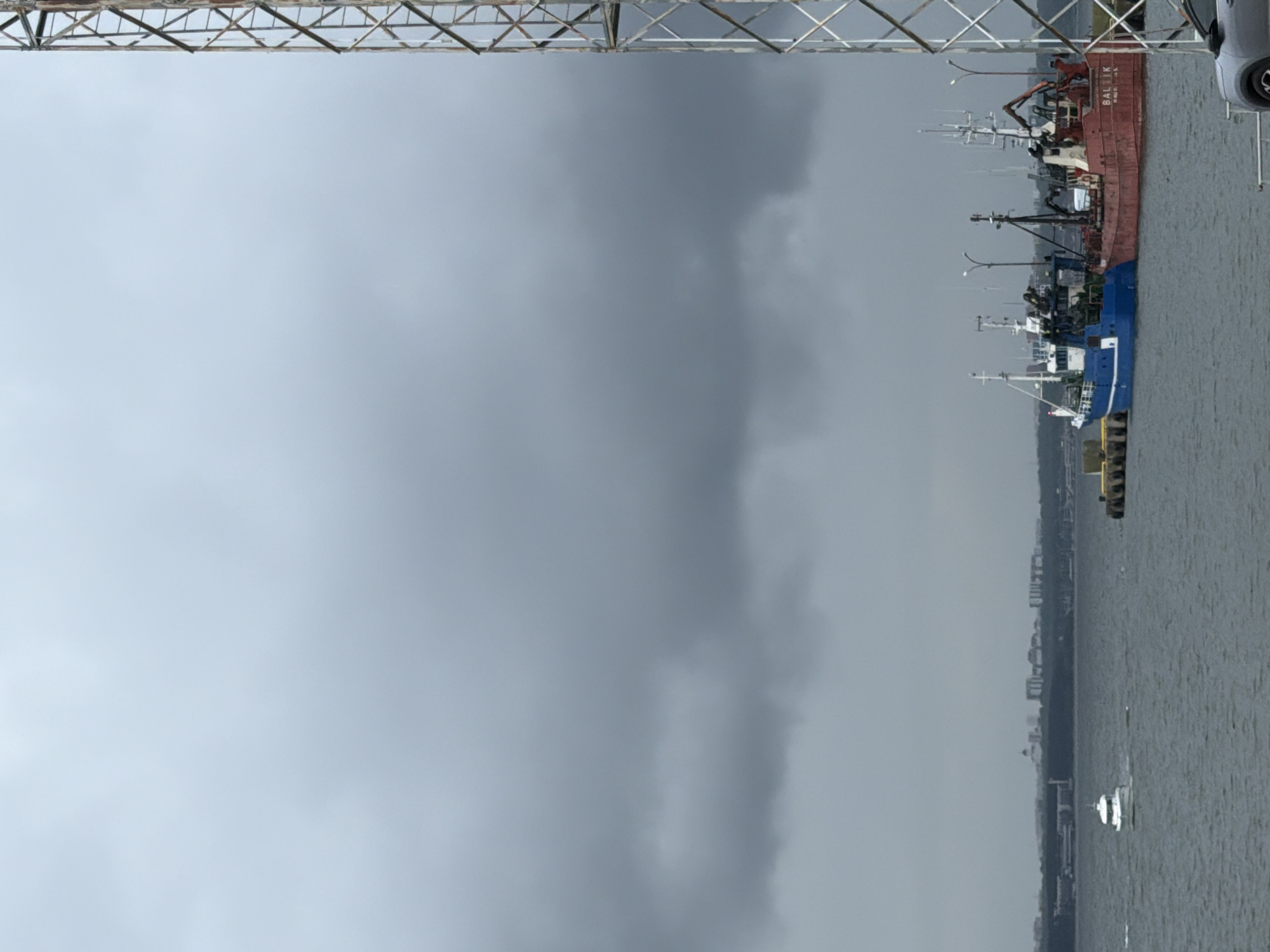 This image depicts a cloudy day at a harbor in Viimsi, Estonia. The scene is dominated by a large, metallic lattice tower on the right side of the frame, partially obscuring the view. In the water, several fishing vessels are docked. A bright blue trawler is positioned to the left of a red trawler, which has "BALTIK" written on its stern. Further out in the water, a small white boat is moving away from the camera. In the distance, a cityscape is visible along the coastline. The water is choppy, indicating a possibly rough day at sea.