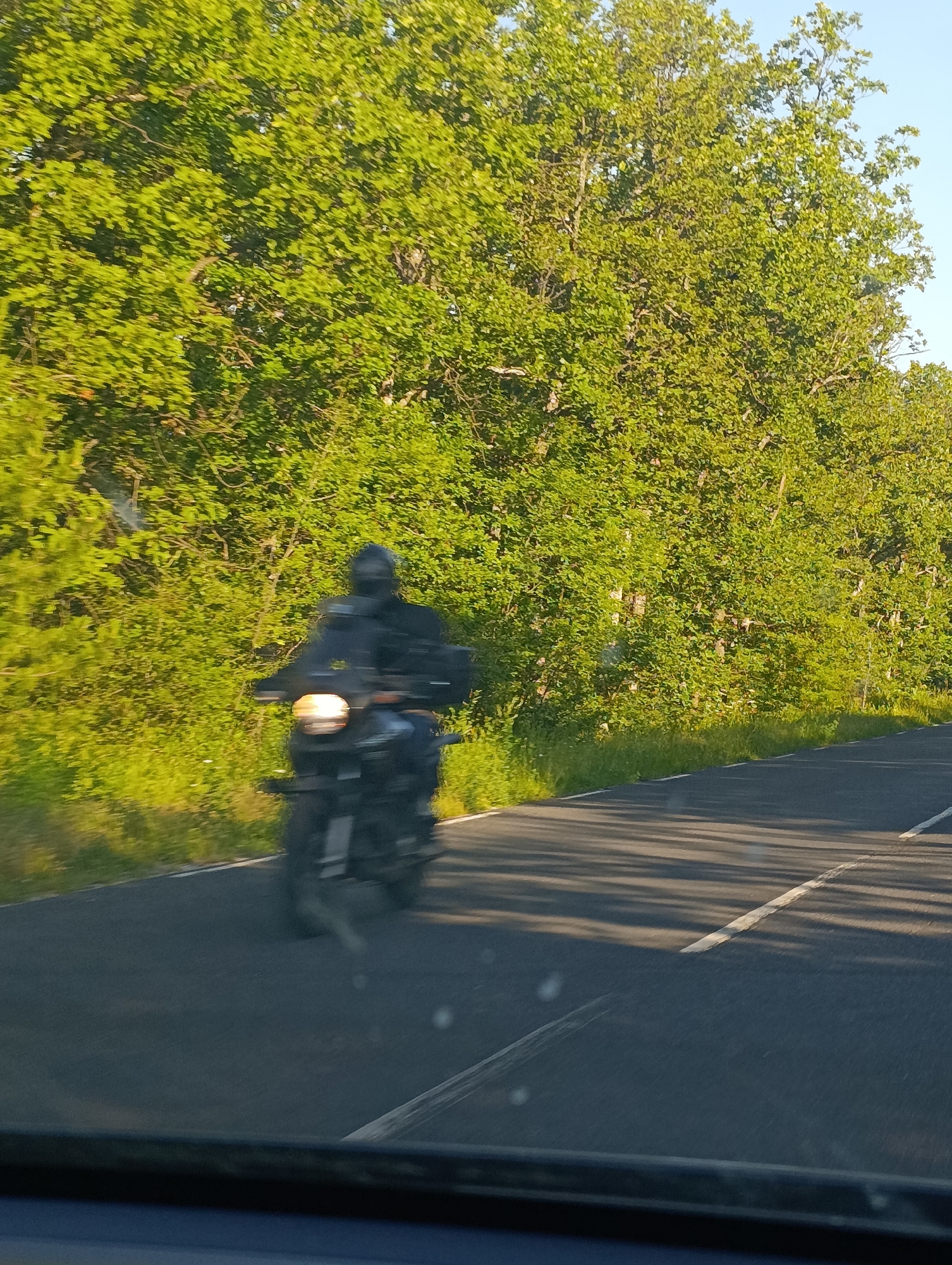 A blurry, medium-shot image captures a person riding a motorcycle on a paved road lined with lush green trees. The motorcycle, a dark color, has its headlight illuminated. The rider is wearing a dark helmet and jacket, and their body is also blurred due to motion. The road has white lane markings. The background consists of dense foliage under a clear blue sky. The overall scene is suggestive of a sunny day in a rural or semi-rural area, possibly a highway or scenic route. There is no indication of the city of Komuniga, Bulgaria.