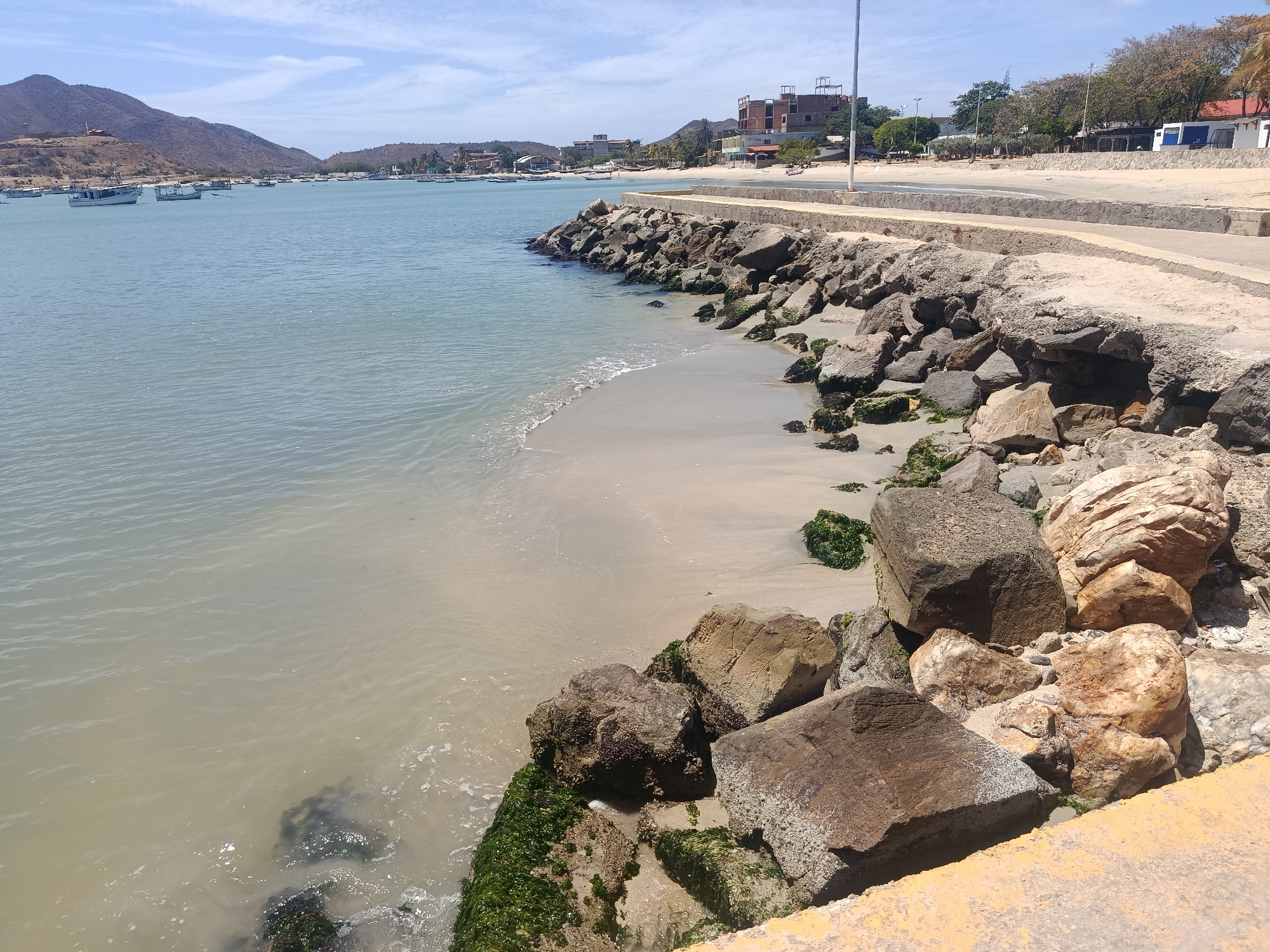 The image shows a coastal scene in Juan Griego, Venezuela. The foreground features a shoreline reinforced with large rocks, some covered in green algae. A sandy beach strip is visible between the rocks and the water. Beyond the rocks, a paved walkway or road runs along the coast.
In the background, a bay with several small boats is visible. Buildings are seen along the coastline, typical of a small town or coastal development. Distant hills rise on the horizon, completing the landscape. The sky is mostly clear with scattered clouds.