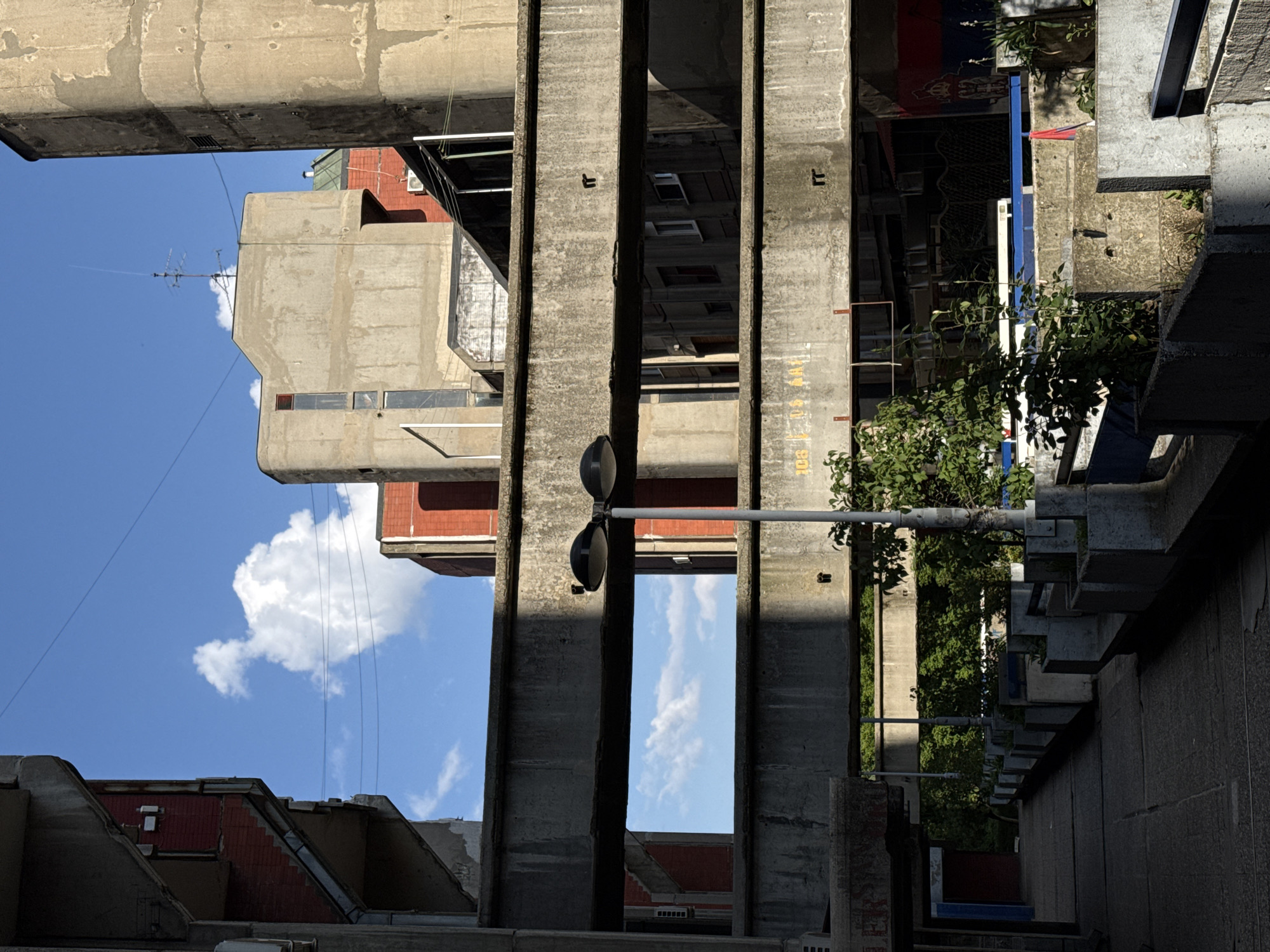 The image shows an upward view through the concrete structure of the unfinished Tržni centar Kumodraž in Vozdovac Urban Municipality, Serbia. The unfinished concrete columns and beams frame glimpses of other buildings, including red brick structures, and a blue sky with clouds. A street light is visible, spanning the gap between columns. Vegetation is also present, including trees and possibly vines, growing among the structures. The overall impression is one of urban decay and abandonment, juxtaposed with glimpses of nature and the sky.