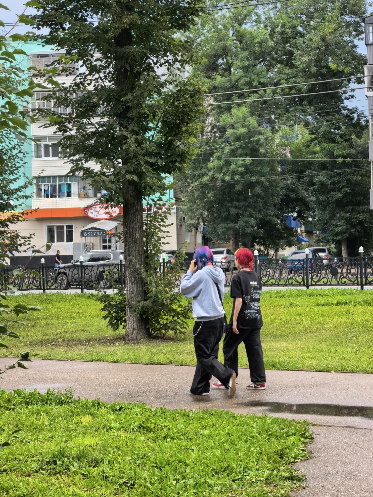 The image shows two young people walking on a wet sidewalk in Sterlitamak, Russia. The individual on the left has blue and purple dyed hair and is wearing a light blue hoodie and black pants. The person on the right has bright red hair, is wearing a black t-shirt with a graphic print, and black pants. They are walking away from the camera. The sidewalk is bordered by a grassy area with green grass. In the background, there is a black metal fence, trees, and a light blue and white apartment building. There are several cars parked on the street behind the fence. A sign with Cyrillic text and a digital display showing "8 917 373" is visible on the building's facade. The overall scene suggests a casual, everyday moment in an urban environment, possibly after rain given the wet pavement.