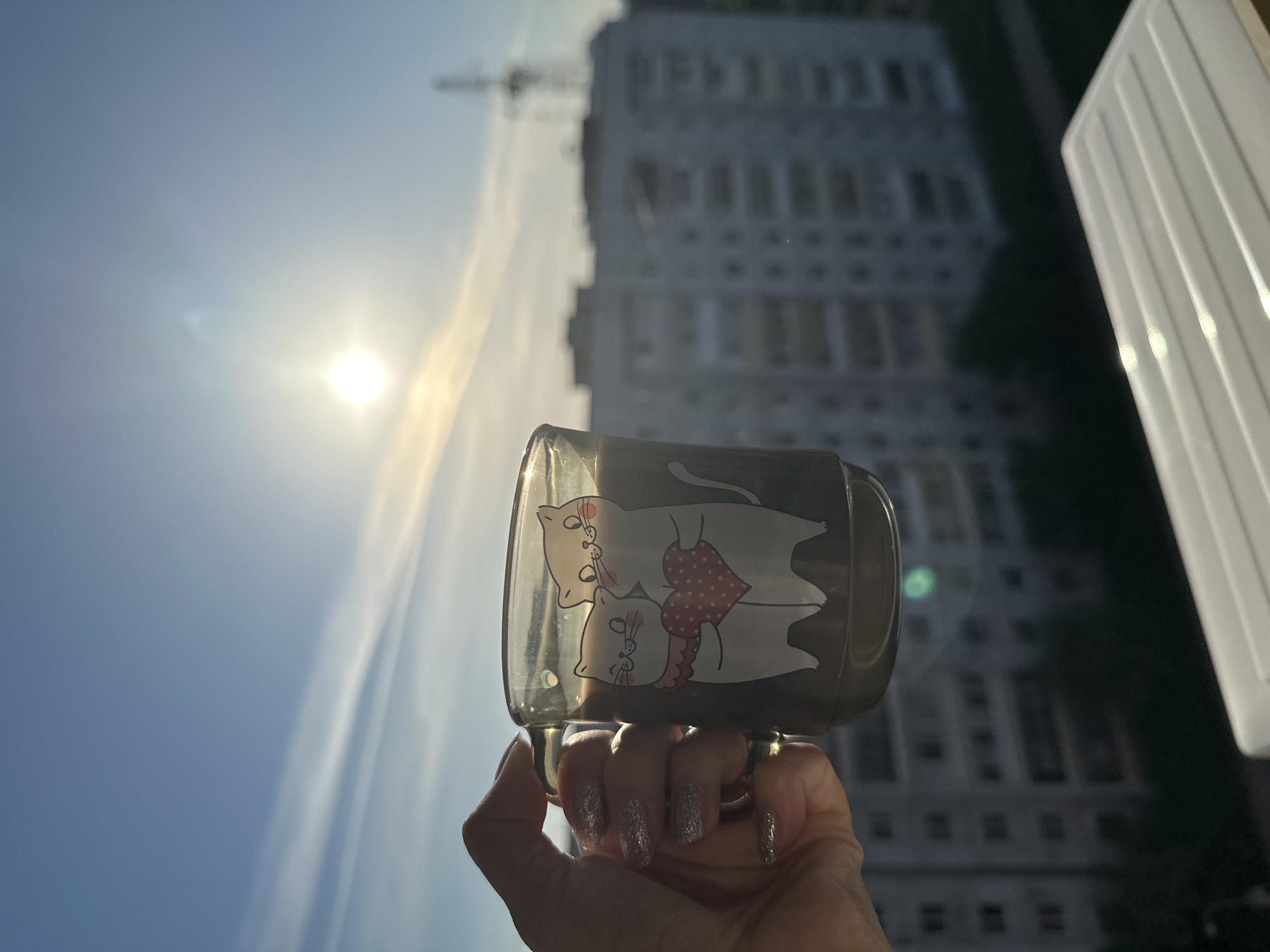 A hand with glittery nails holds a glass mug with a design of two cats wearing hearts in front of a building under construction. The building is a large, gray, multi-story structure. The sky is blue, with a bright sun and some wispy clouds. The photo was taken outside in daylight. Without additional information, it is impossible to verify the location in Chaikovsky, Russia.