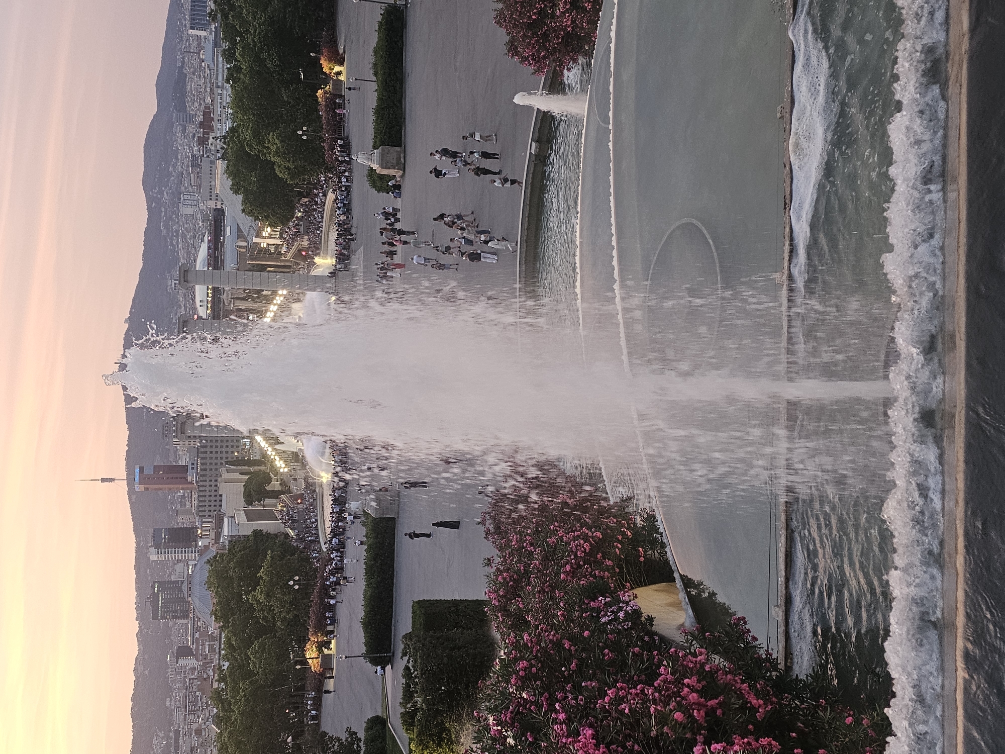 The image shows a panoramic view of Barcelona, Spain, at dusk. In the foreground, a large fountain sprays water high into the air, with the mist catching the soft light of the setting sun. Pink flowers bloom on bushes to the left of the fountain. In the mid-ground, a crowd of people is gathered in an open plaza, with lights illuminating the area. Beyond the plaza, a cityscape stretches into the distance, with buildings and hills silhouetted against the pastel sky. The Montjuïc Magic Fountain is a prominent landmark in this location.