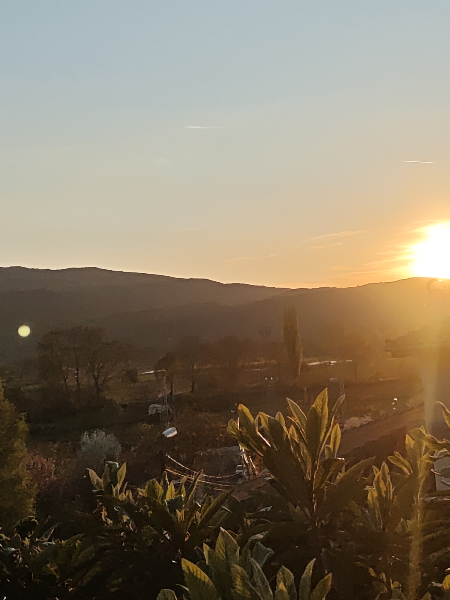 The image depicts a landscape at sunset in an unknown location. The sun is setting behind hills, casting a golden light across the scene. In the foreground, there are leafy plants. In the middle ground, there are trees, structures, and a water feature. The background shows rolling hills silhouetted against the sky. There are no people visible in the image.