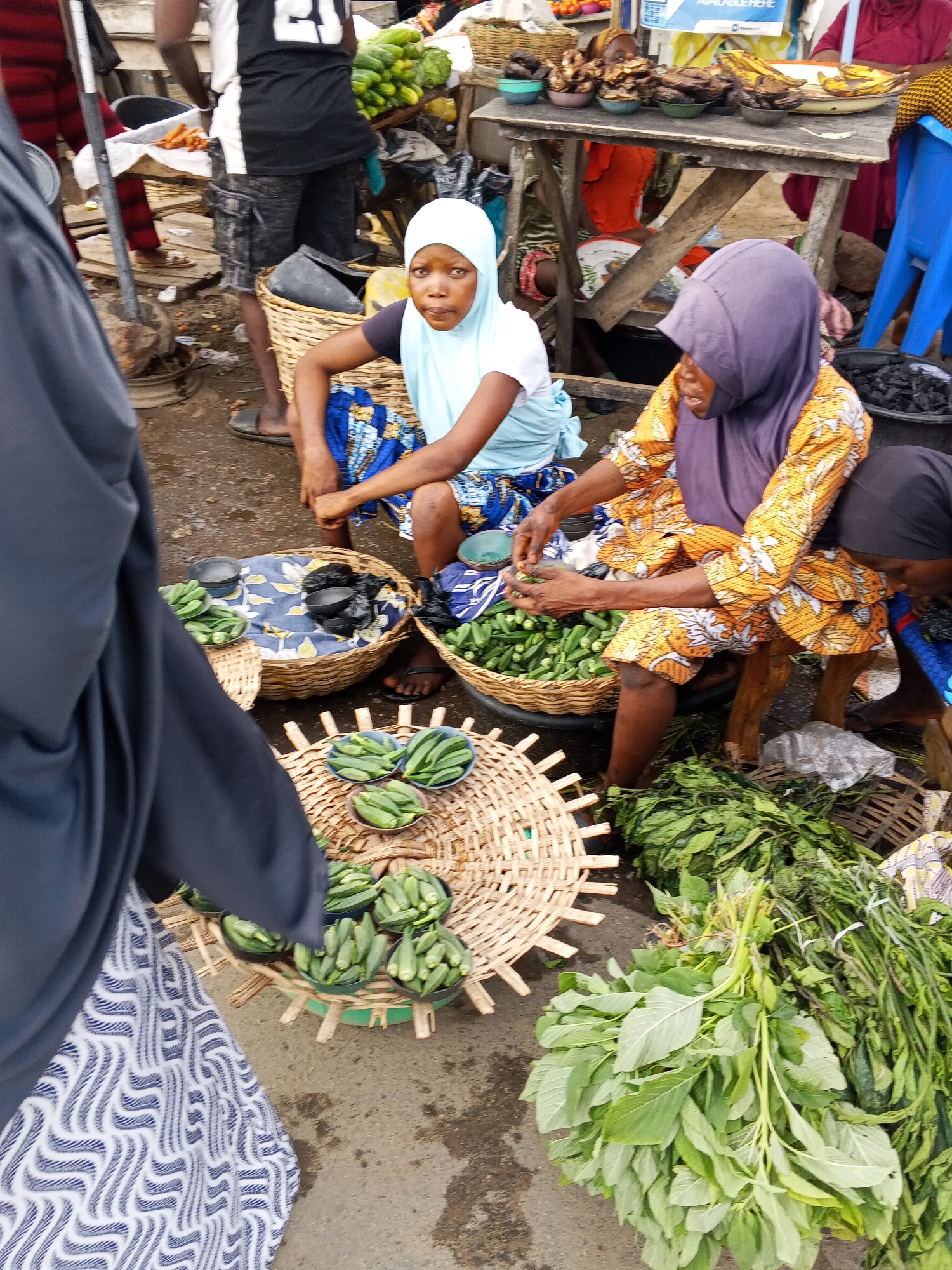 The image captures a lively outdoor market scene in Zango-ndaji, Nigeria, bustling with vendors and their goods. The primary subjects are several people, mostly women, engaged in market activities.
In the mid-ground, a young woman wearing a light blue hijab and a white top sits on a patterned fabric, looking directly at the camera with an earnest expression. Adjacent to her, another woman in a purple hijab and a distinctive yellow and white patterned dress is actively sorting fresh green okra from a large woven basket into smaller black bowls, indicating she is a vendor preparing goods for sale. A person in the foreground, partially visible on the left, wears a dark abaya and a white and blue patterned skirt, observing the scene. In the background, other individuals are visible, including a man in a black jersey with the number "23" on the back and camouflage shorts.
The market is filled with various objects and produce. Large quantities of fresh okra are prominently displayed in woven baskets and small black bowls. Bundles of leafy green vegetables, likely spinach or amaranth, are piled on the ground. On a raised wooden table in the background, bowls of dried fish or meat, bananas, and green cucumbers are arranged. The ground is unpaved, suggesting a common open-air market setup. A blue plastic chair is visible on the right side of the table.
The scene depicts the daily activity of buying and selling in a local market, under natural daylight. A sign in the distant background includes the text "AVAILABLE HERE".