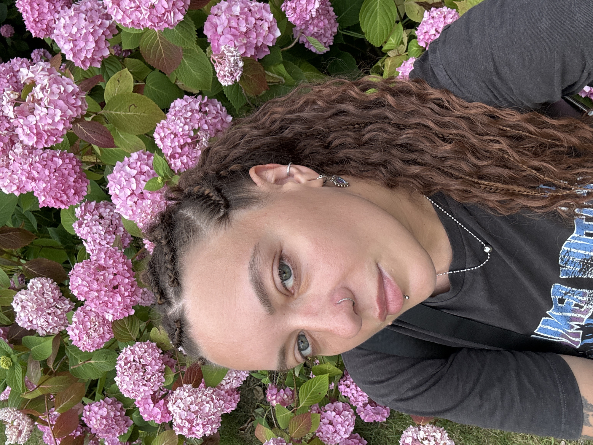 The image is a close-up, selfie-style shot of a woman with curly brown hair, some of which is braided. She has light-colored eyes and is wearing a dark gray t-shirt and silver jewelry, including a nose ring, lip piercing, and a necklace. She is positioned in front of a large bush of pink hydrangeas. The background is composed of the pink flowers and green leaves of the bush, with some of the flowers appearing slightly faded. The lighting suggests it is daytime. The image does not contain any elements that would indicate it was taken in Sochi, Russia.