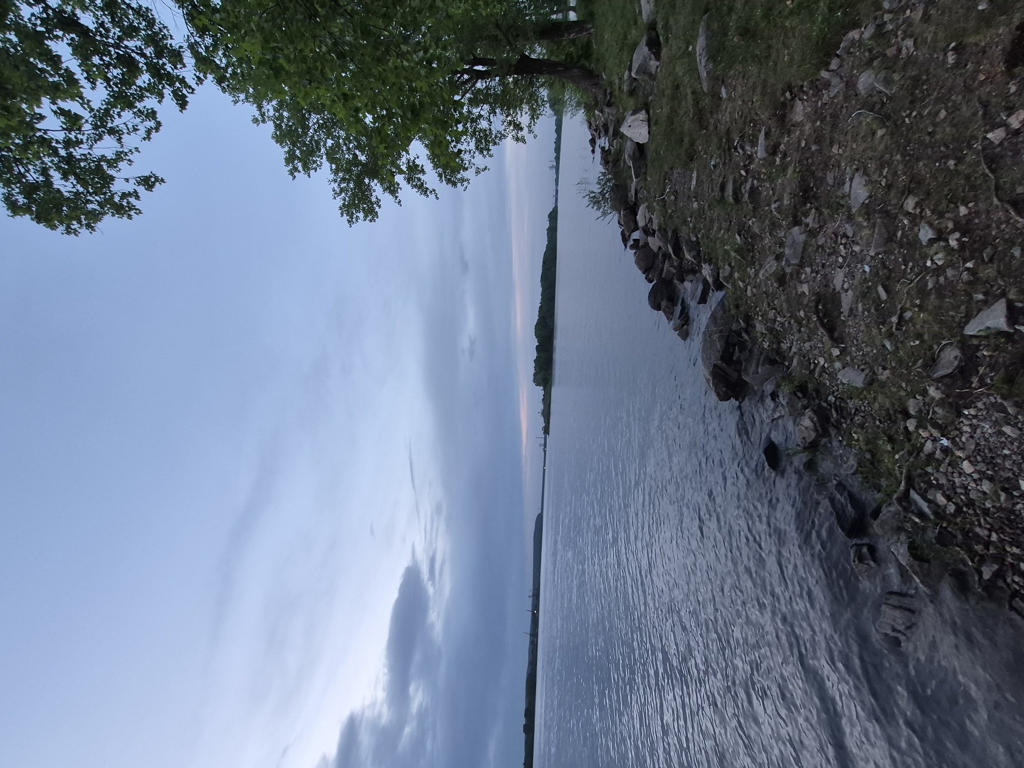 The image depicts a body of water, possibly a lake or river, with a shoreline on the right side of the frame. The shoreline is rocky and covered with grass and vegetation. Trees are visible along the shoreline, with some branches extending into the upper left corner of the image. The sky is predominantly blue with scattered clouds, indicating either dusk or dawn. Distant lights are visible on the opposite side of the water, suggesting a populated area. The overall scene suggests a natural environment near an urban or developed area. The location is indicated as Unknown, Unknown, providing no further geographical context.