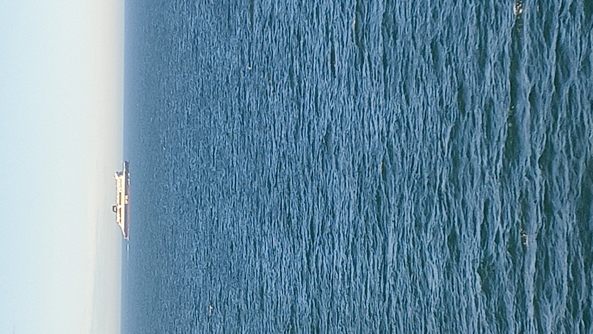 A ferry boat is visible in the distance on a calm, blue sea under a clear sky. The boat is white with orange and black lettering. The water has small ripples and is a deep blue. The horizon is visible in the distance, a faint line separating the sea and sky. There are no people or other significant objects visible in the immediate foreground or on the boat.