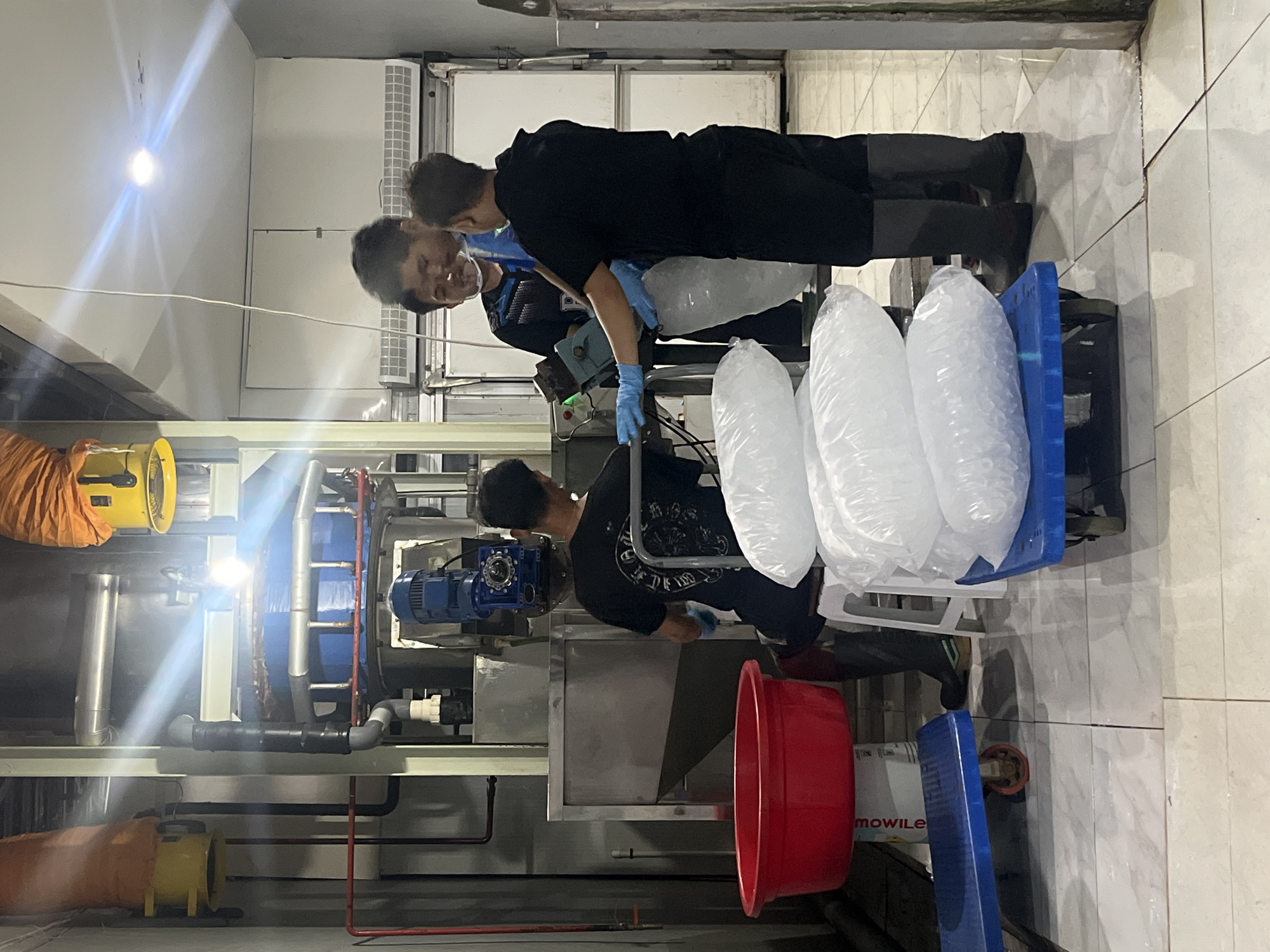 In Pekalongan, Indonesia, three men are working in what appears to be an ice-making facility. The environment is industrial, with large machinery and pipes visible. In the foreground, a red basin and a blue cart loaded with bags of ice are present. One man, seated on a stool and wearing a black t-shirt and dark pants, is looking towards the machinery. Another man, standing and wearing a blue shirt and black pants, is actively engaged with the ice bagging equipment. He is wearing blue gloves and holding a clear plastic bag, likely filling it with ice. A third man, in the background and wearing a black t-shirt and dark shorts, is also interacting with the machinery or the bagging process. The floor is tiled and appears wet in places, consistent with an ice production environment. The lighting suggests indoor illumination from overhead fixtures.
