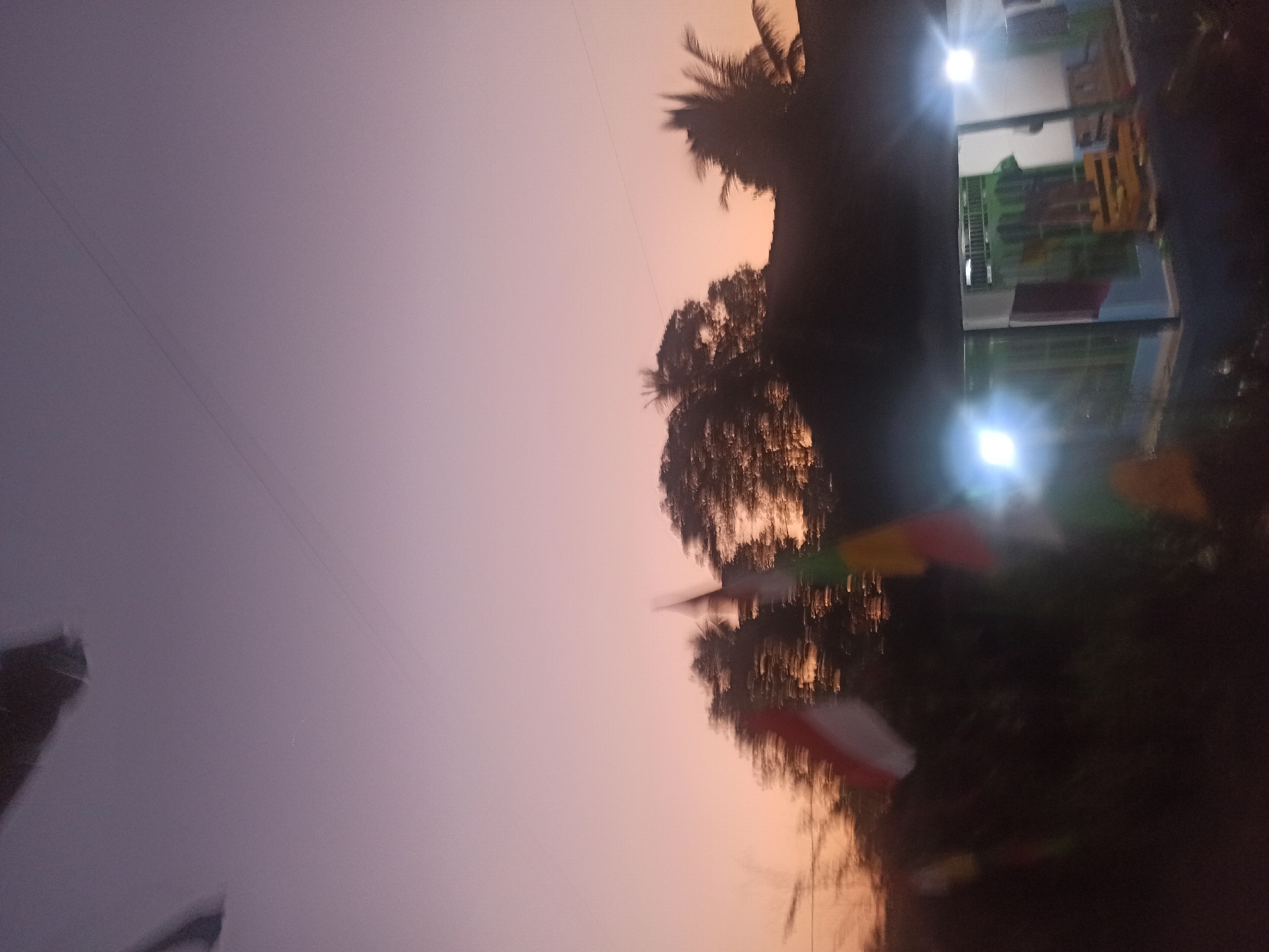 The image depicts a twilight scene in Tuba, Indonesia, characterized by a soft gradient of purple and orange in the sky. Silhouetted against this sky are trees, including palm trees, and what appear to be flags, one of which resembles the Indonesian flag with its red and white colors, though motion blur makes precise identification difficult. In the foreground, a building or structure is visible, illuminated by bright lights. The overall impression is one of a rural or semi-rural setting at dusk, with elements of both nature and human construction present. There are no visible people or discernible actions taking place.