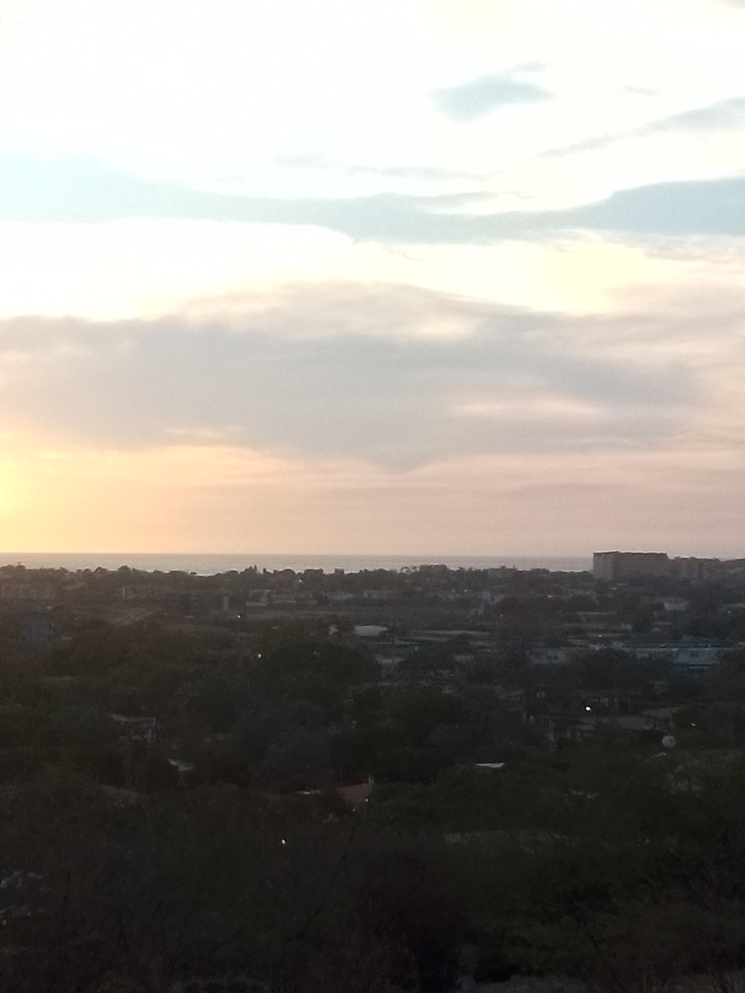 This panoramic image captures a coastal town, identified as Juan Griego, Venezuela, from an elevated viewpoint. The scene is set during either sunrise or sunset, evidenced by the soft, pastel hues dominating the sky. The upper portion of the frame features a blend of light blue, white, orange, and pink clouds, with a distinct warm glow near the horizon where the sun is low.
The mid-ground of the image is defined by the calm expanse of the ocean meeting the coastline. Along the shore, the town's buildings are visible as a dense cluster of structures. These include numerous low-rise buildings, and towards the right side, a more prominent, multi-story, block-shaped building stands out against the horizon. Due to the distance and the twilight conditions, specific details of the architecture are indistinct.
The immediate foreground is heavily shadowed and appears as a dark mass of indistinct vegetation or a hillside, suggesting the photograph was taken from a natural rise overlooking the area. There are no identifiable people, vehicles, or boats visible in the scene. No text is discernable. The overall impression is one of peaceful serenity, highlighting the natural beauty of the coastal landscape at a transitional time of day.