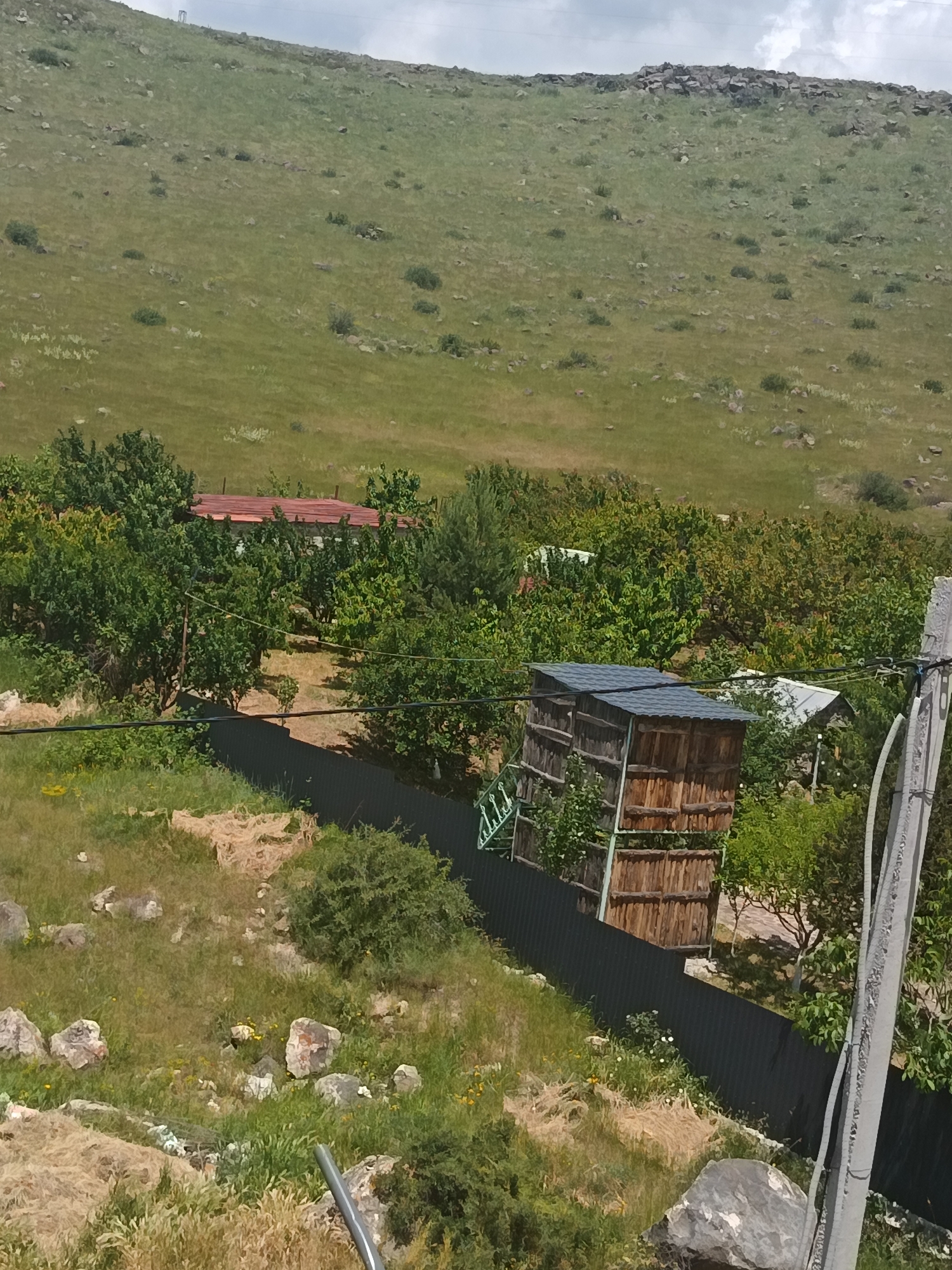 A medium-shot, high-angle view captures a rural landscape with a hillside, vegetation, and a few structures. The background is dominated by a grassy, rocky hillside under a cloudy sky. In the mid-ground, a cluster of green trees partially obscures a red-roofed building. To the right of the trees, two wooden, shed-like structures with dark, corrugated roofs are visible. A dark metal fence runs horizontally across the lower mid-ground, separating the vegetation from the foreground. The foreground consists of dry grass, scattered rocks, and some light brown hay. A gray metal pole, possibly a utility pole, is on the far right edge of the frame. The scene appears to be an outdoor, rural setting with no people present.