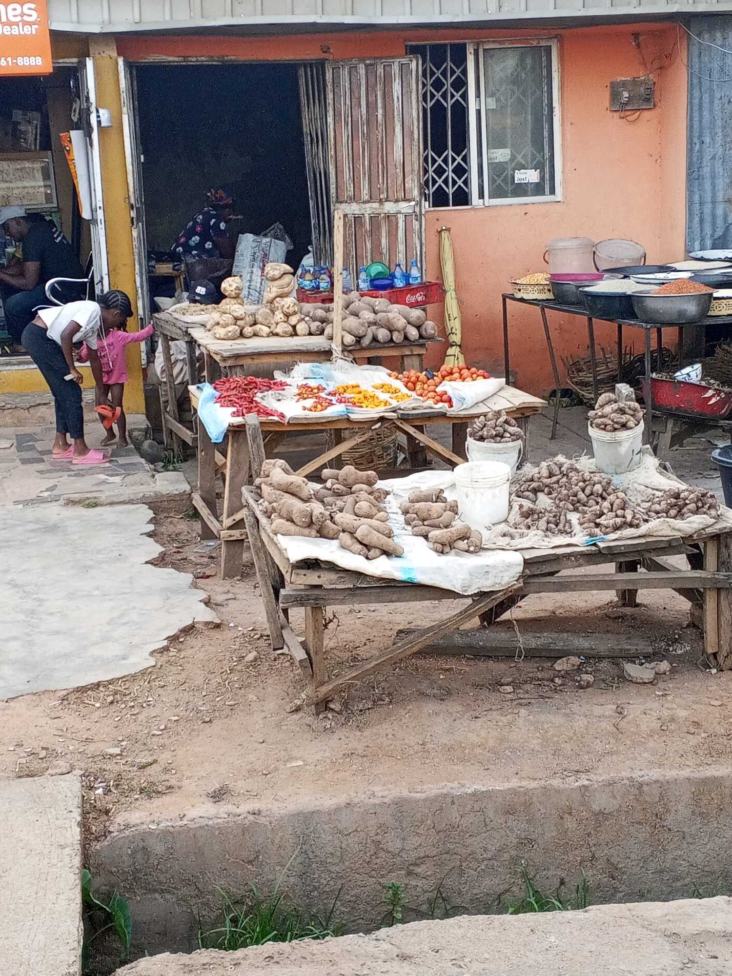 This image captures a bustling outdoor market scene in Jos, Nigeria, during daylight hours. The setting appears to be a roadside stall or a market area adjacent to a shop.
Several rustic wooden tables, some covered with white cloths, serve as market stalls. These are laden with a variety of fresh produce, prominently featuring numerous root vegetables such as yams and potatoes. Other tables display colorful piles of red chili peppers, tomatoes, and smaller yellow or orange peppers. White plastic buckets, some holding additional produce, are scattered among the goods. In the background, a metal stand holds large, dark cooking pots or bowls filled with different grains or pulses, including yellow and reddish-brown varieties. A red Coca-Cola crate with bottles is also visible.
Several people are present, engaged in daily activities. A woman wearing a white t-shirt, black pants, and pink sandals is bending down near one of the stalls, possibly inspecting items or attending to a small child in a pink outfit standing beside her. Inside the adjacent shop, which has an orange exterior and metal-grated windows, a man is partially visible sitting, while another woman in a patterned top is seated further back.
Notable details include an orange sign above the shop entrance displaying partial text: "nes," "Dealer," and "61-8888." A piece of paper with "Jos!" written on it is taped to one of the shop windows. A yellow broom leans against the shop wall. The ground is unpaved, consisting of dirt and scattered debris, with a concrete curb and what appears to be a drainage channel in the foreground. The scene conveys an impression of everyday commerce and community life in a West African city.