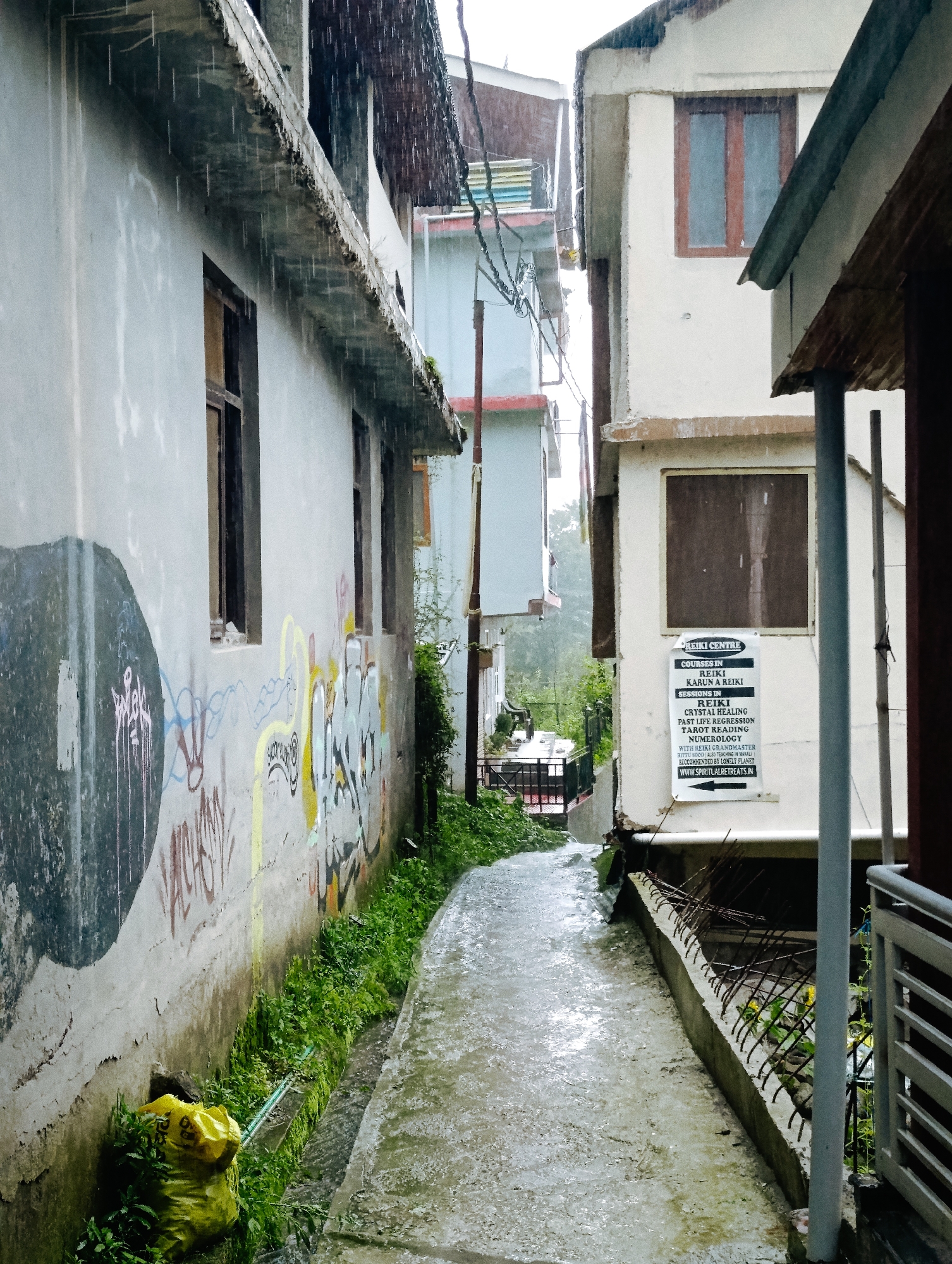 A narrow, wet alleyway between two multi-story buildings in Vashisht, India, is depicted during rainfall. The left building's wall is covered in graffiti and shows signs of weathering. The right building features a white facade with a poster advertising "Reiki Centre" with various services and a website. Overgrown green vegetation is present along the sides of the alley and in a small drainage ditch. A bright yellow plastic bag is visible near the base of the left building. The ground of the alley is slick and reflective, indicating recent or ongoing rain. The scene captures a moment of inclement weather in an urban setting.